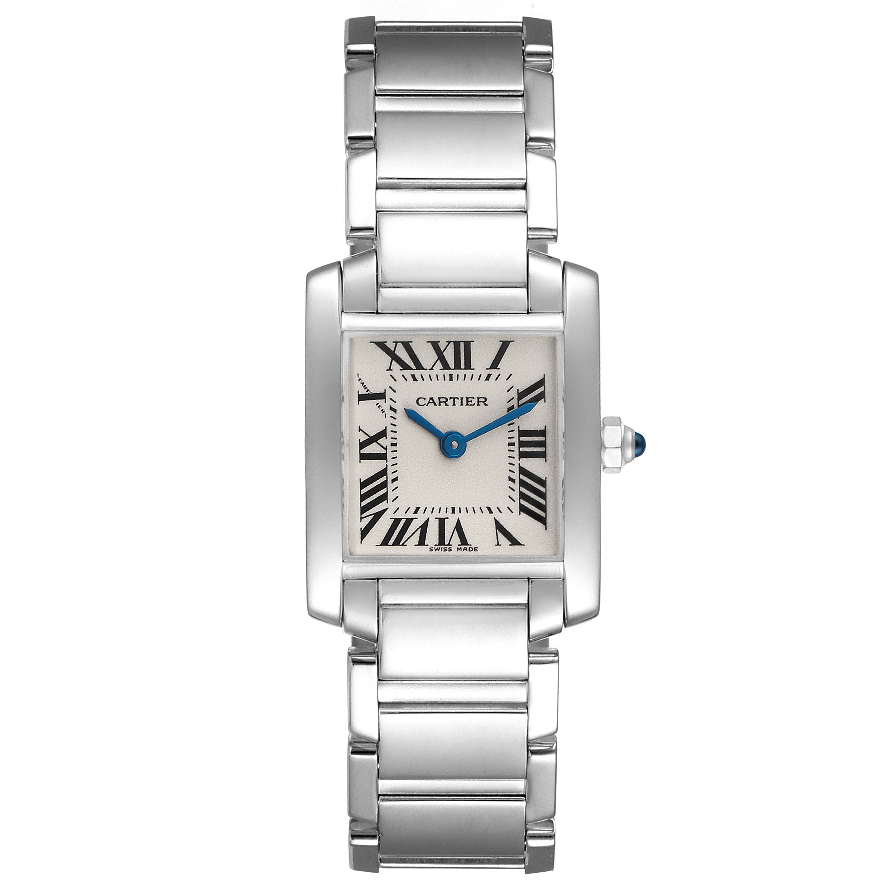 The image shows a head-on view of the Cartier Tank Française watch, displaying its rectangular case, dial with Roman numerals, and metal bracelet.