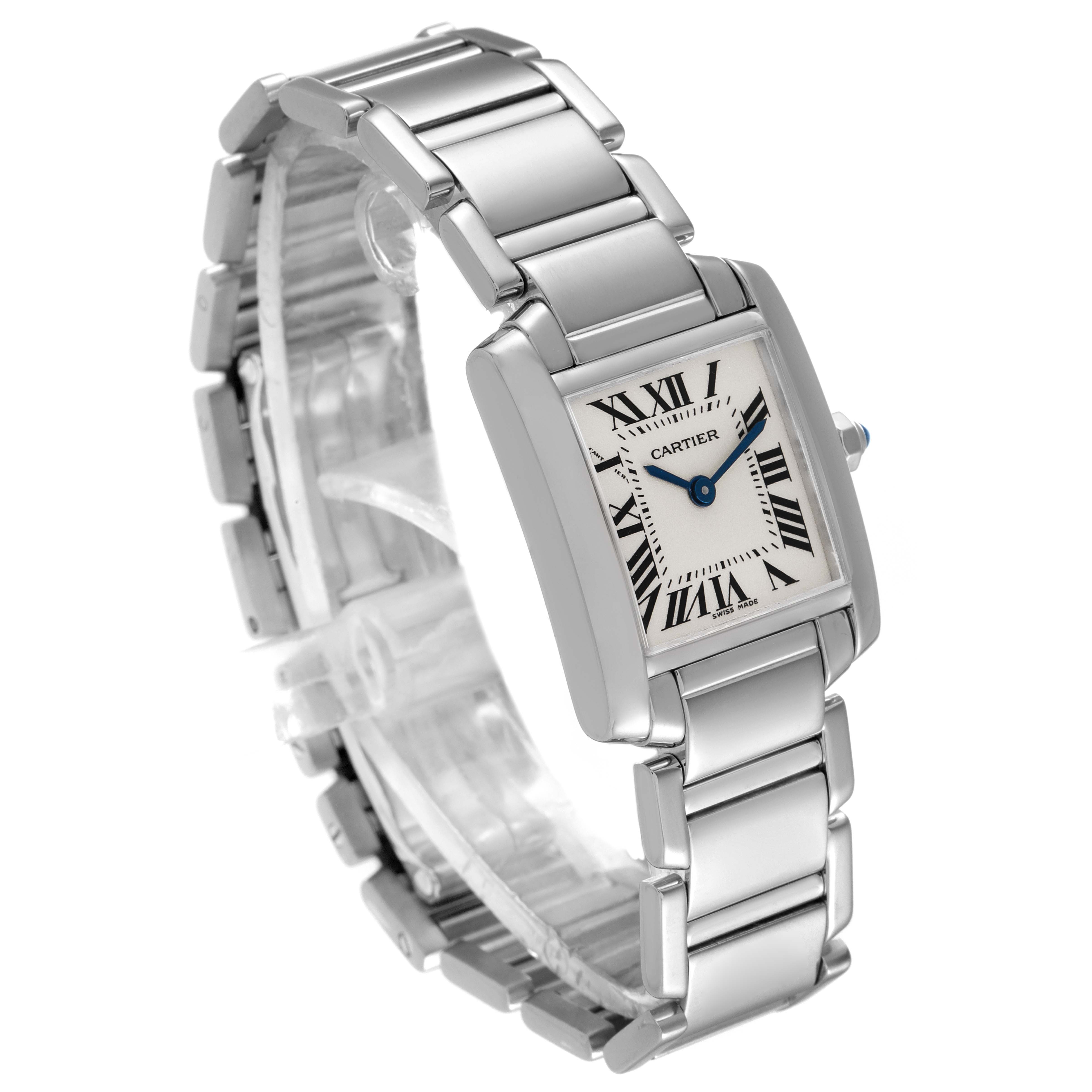 This image shows the Cartier Tank Francaise W50012S3 Women's White Gold Silver Dial W50012S3 Women's White Gold Silver Dial watch from a front angle, highlighting its rectangular face and metal bracelet.