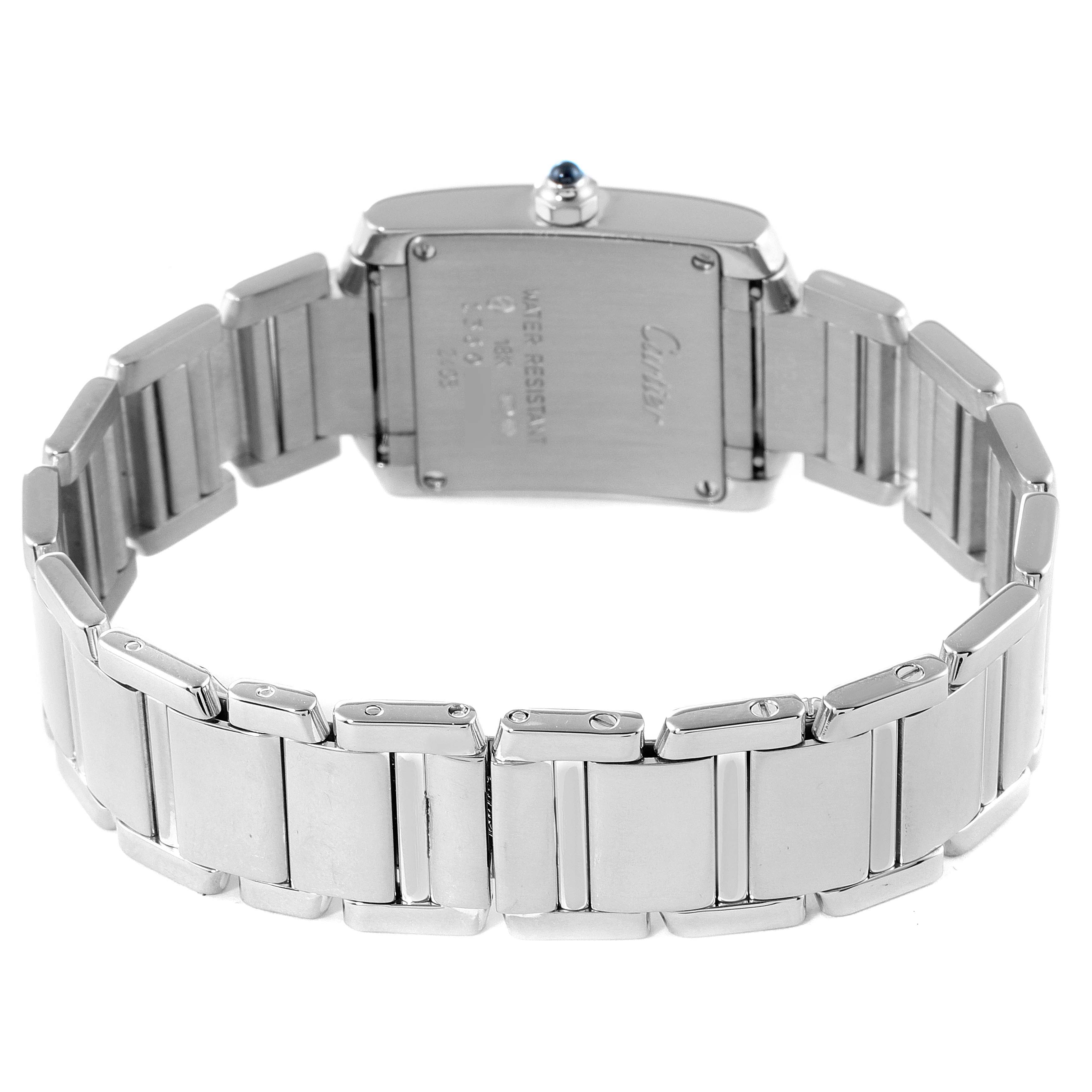 The image shows the back and bracelet of a Cartier Tank Francaise W50012S3 Women's White Gold Silver Dial W50012S3 Women's White Gold Silver Dial watch.