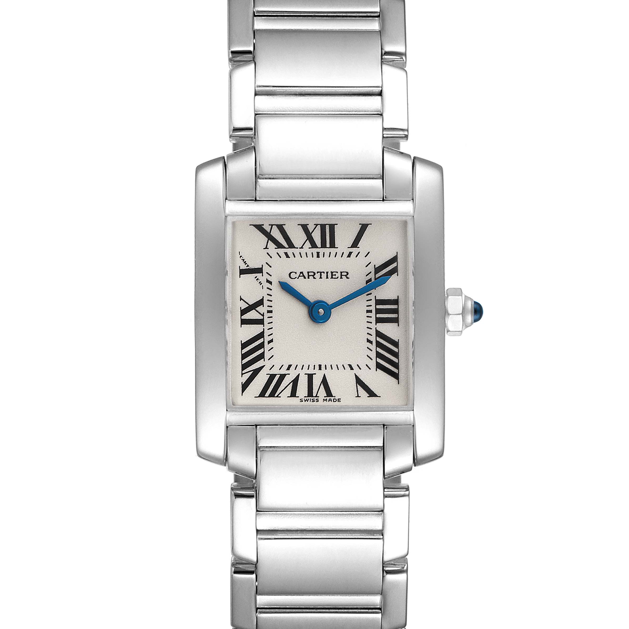 The image shows a front view of the Cartier Tank Francaise W50012S3 Women's White Gold Silver Dial W50012S3 Women's White Gold Silver Dial watch, highlighting its bracelet, dial, and crown.