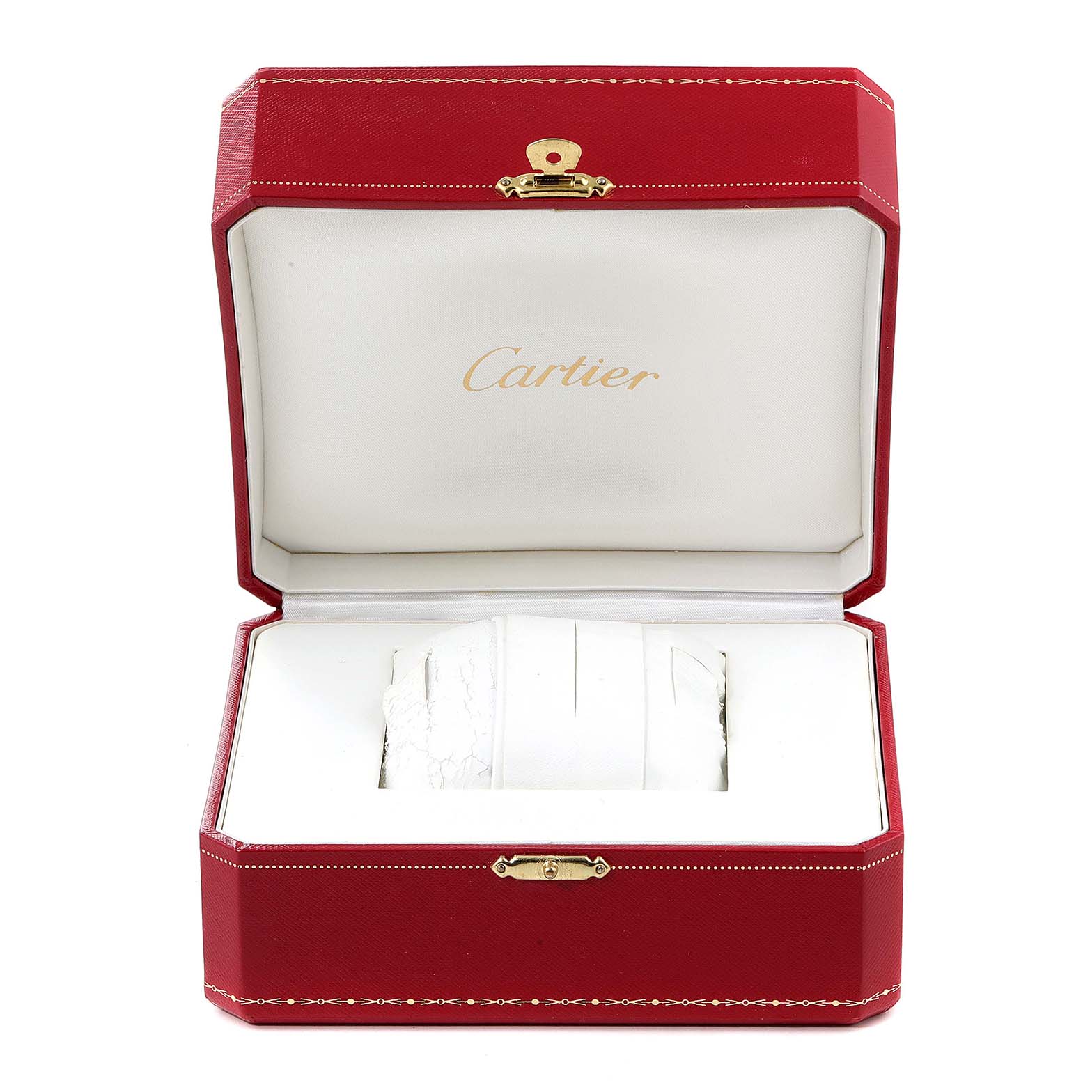The image shows a Cartier red presentation box, likely housing a Tank Francaise model watch, viewed from the front with the lid open.