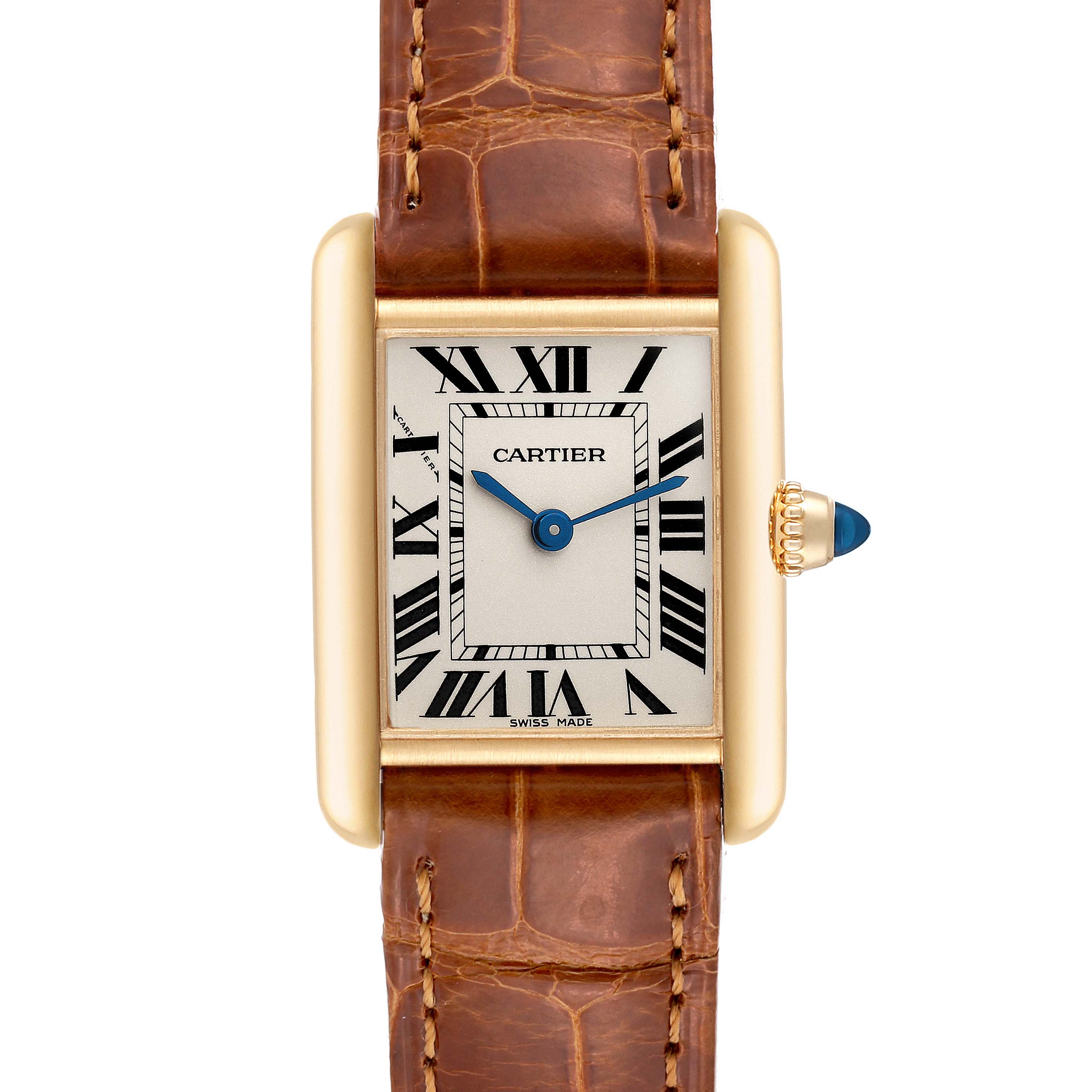 The image shows a front view of a Cartier Tank Louis W1529856 Women's Yellow Gold Silver Dial W1529856 Women's Yellow Gold Silver Dial watch with a brown leather strap and gold casing.