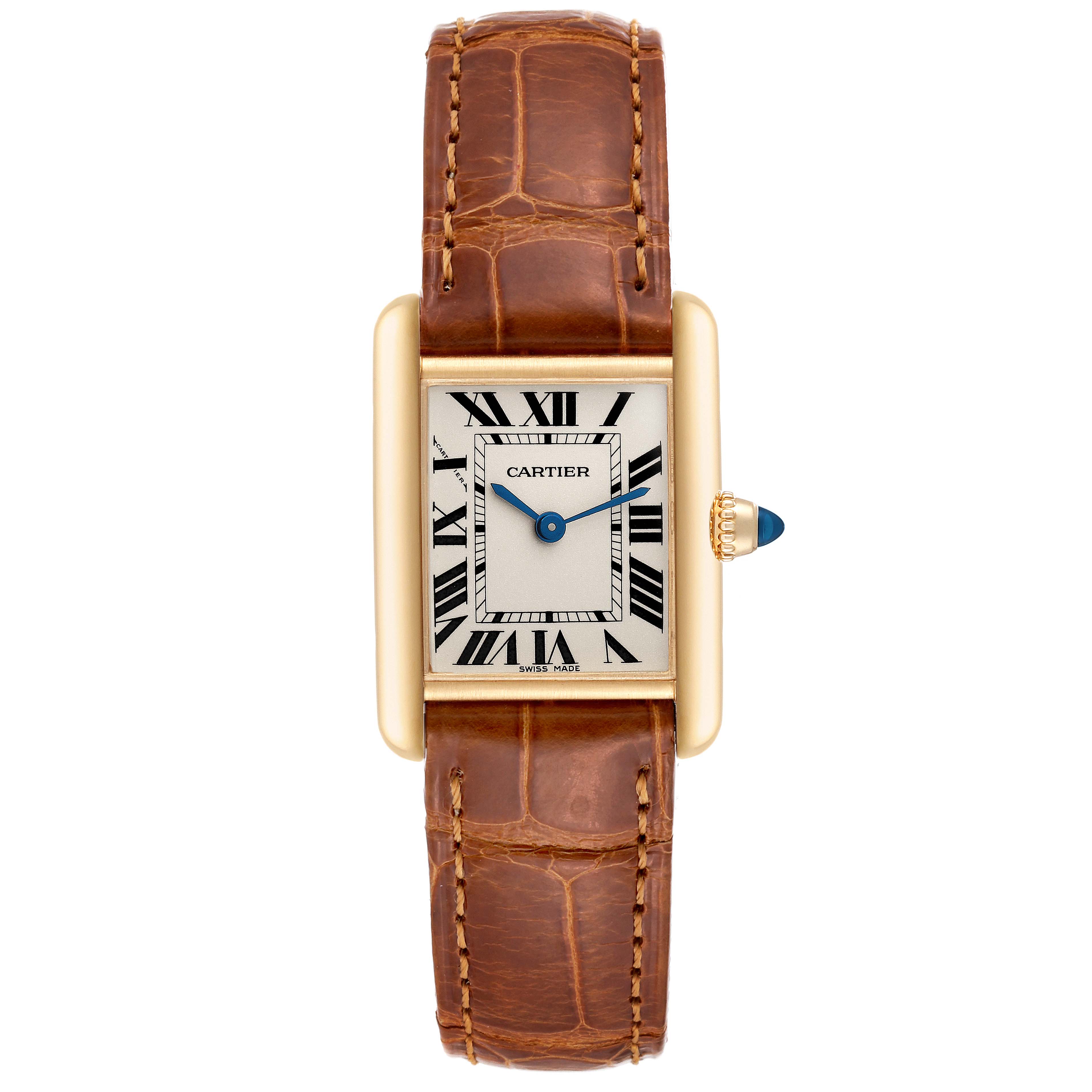 The image shows a top view of the Cartier Tank Louis W1529856 Women's Yellow Gold Silver Dial W1529856 Women's Yellow Gold Silver Dial watch with a brown leather strap, gold case, and Roman numeral dial.