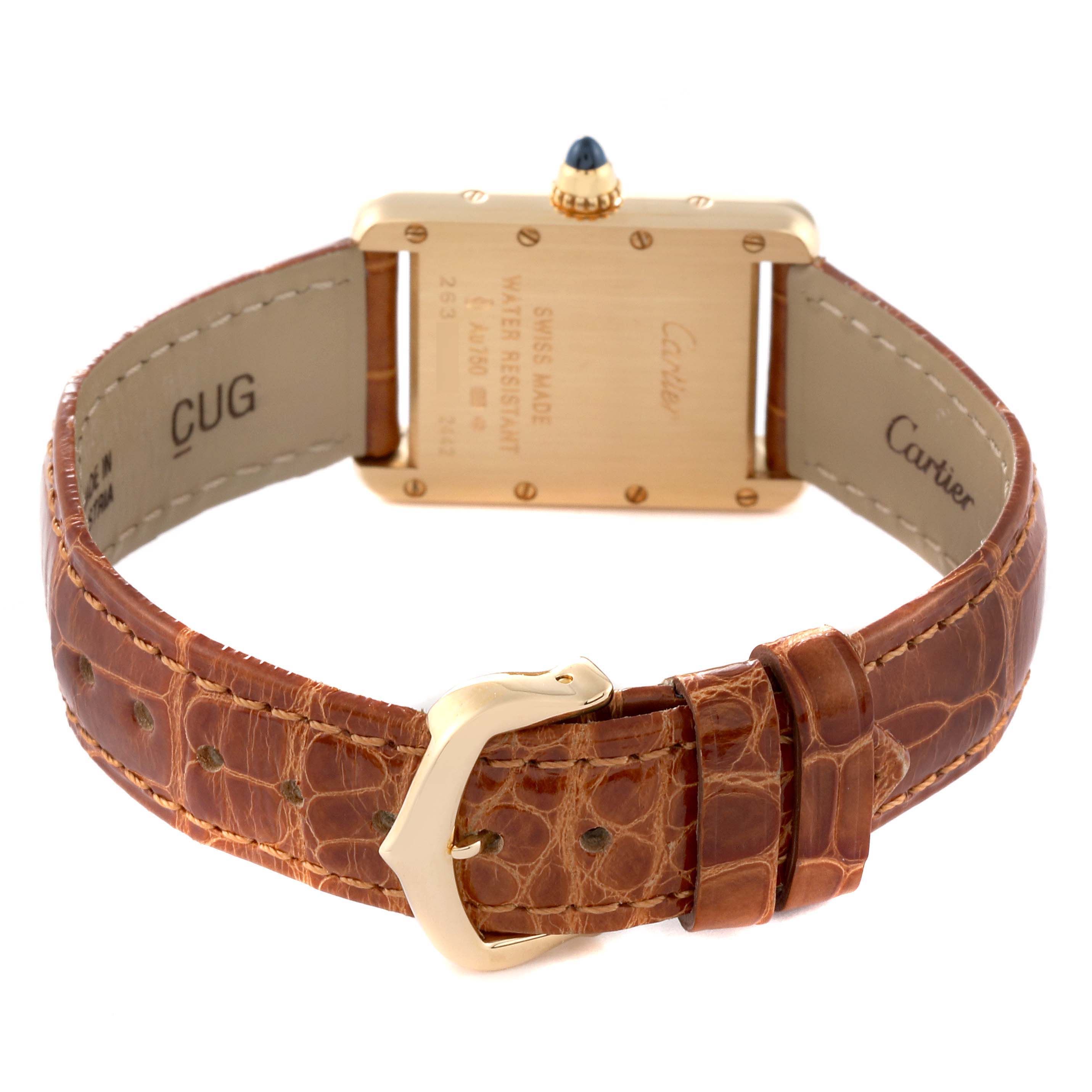 The image shows the back view of a Cartier Tank Louis W1529856 Women's Yellow Gold Silver Dial W1529856 Women's Yellow Gold Silver Dial watch, including the case back, leather strap, and buckle.