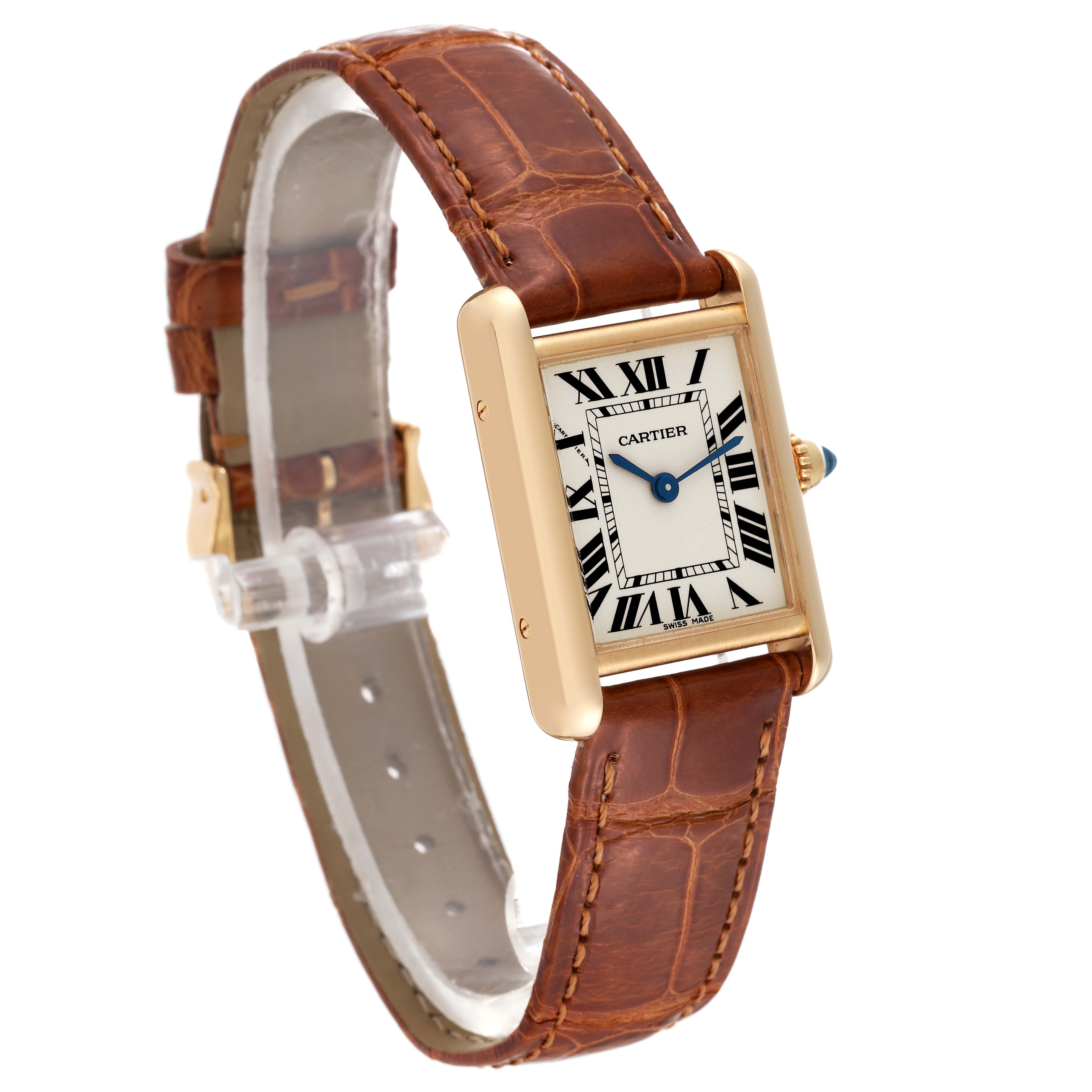 The image shows a Cartier Tank Louis W1529856 Women's Yellow Gold Silver Dial W1529856 Women's Yellow Gold Silver Dial model watch at an angled front view, displaying its face, strap, and side crown.