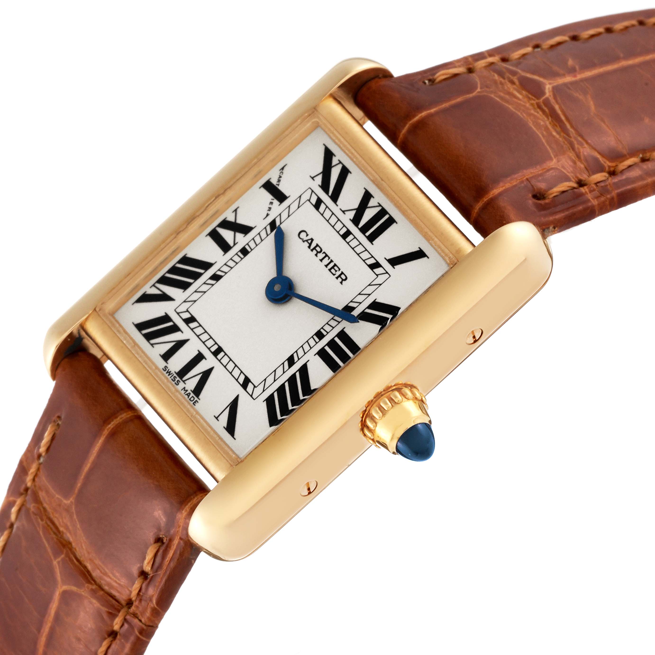 The image shows a close-up angle of the Cartier Tank Louis W1529856 Women's Yellow Gold Silver Dial W1529856 Women's Yellow Gold Silver Dial watch, highlighting the face, crown, and part of the leather strap.