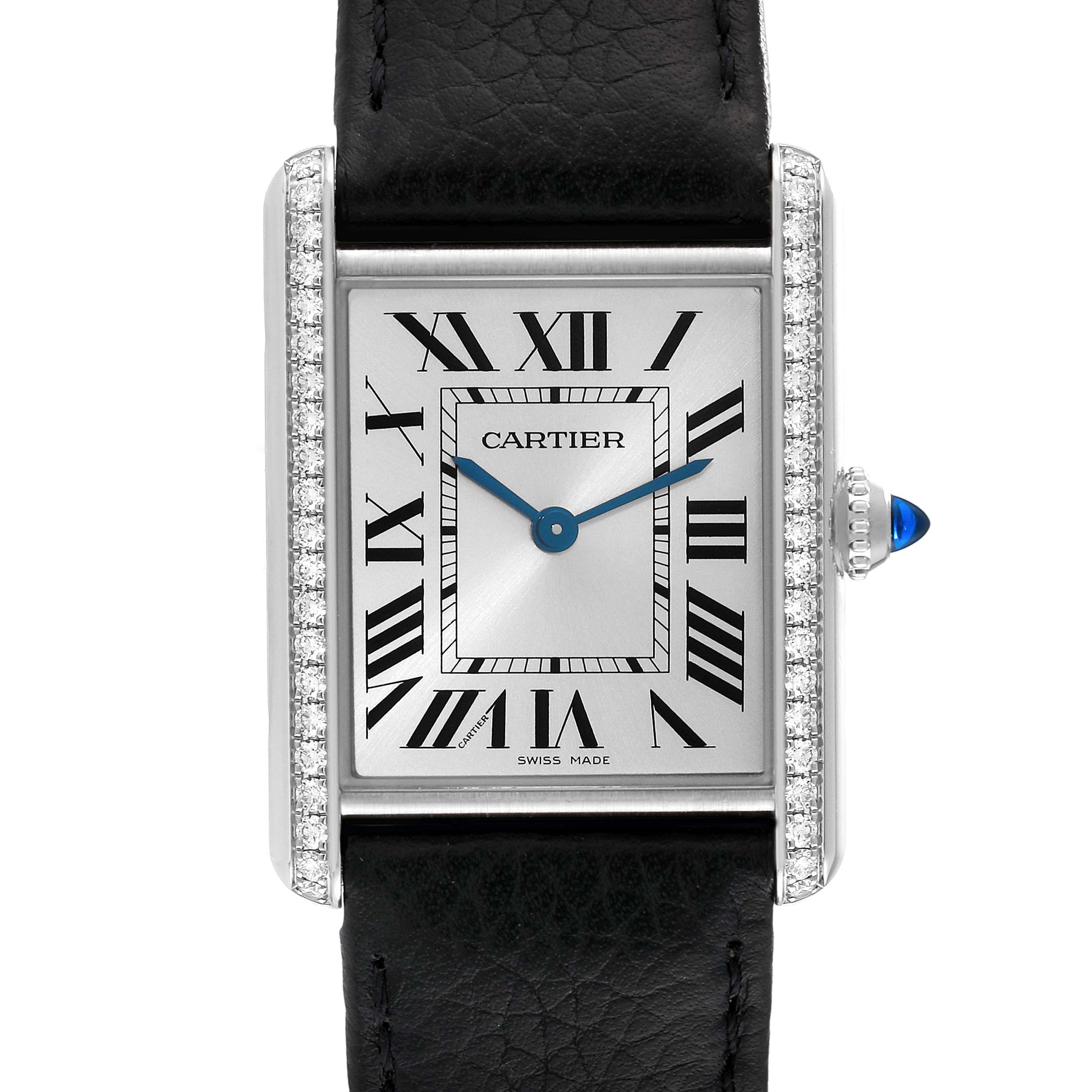 This image shows a front view of a Cartier Tank Must W4TA0017 Women
s Stainless Steel Silver Dial W4TA0017 Women
s Stainless Steel Silver Dial watch, highlighting the face, bezel, and strap.