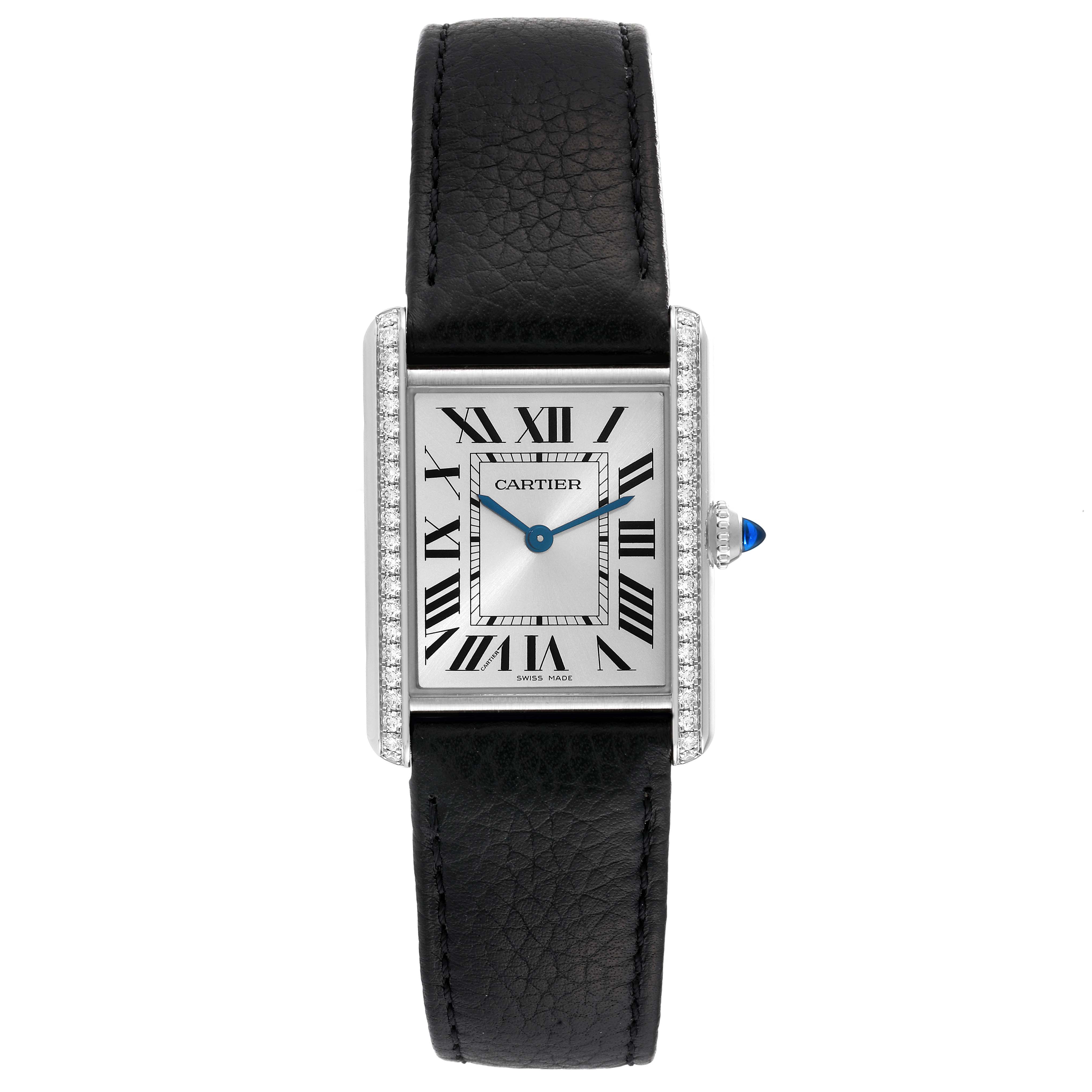 The image shows a front view of the Cartier Tank Must W4TA0017 Women
s Stainless Steel Silver Dial W4TA0017 Women
s Stainless Steel Silver Dial model, highlighting its rectangular face, Roman numerals, and black leather strap.