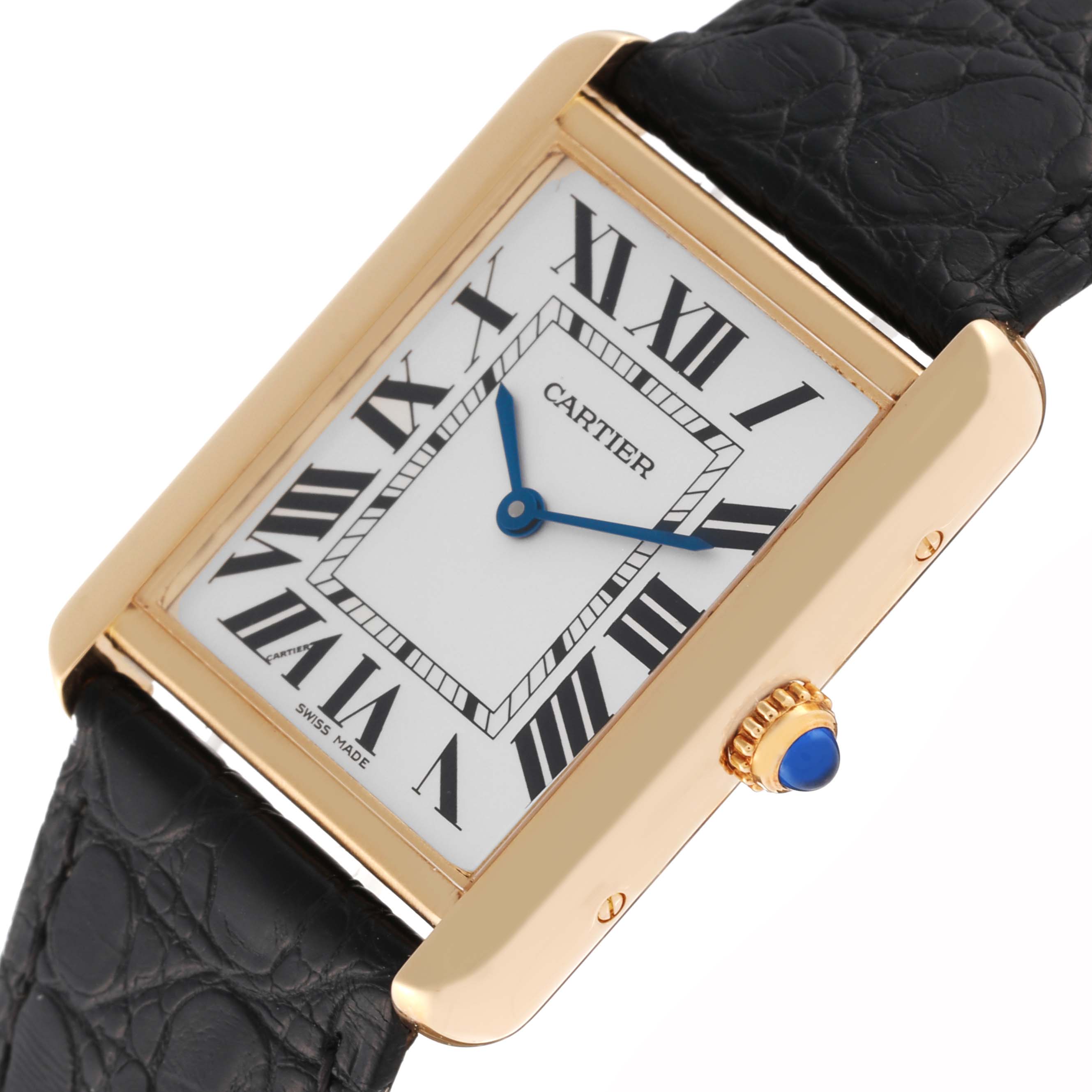 The image shows the Cartier Tank Solo W5200004 Men
s Steel and Gold (two tone) Silver Dial W5200004 Men
s Steel and Gold (two tone) Silver Dial watch from a slightly angled top view, highlighting the dial, case, and crown.
