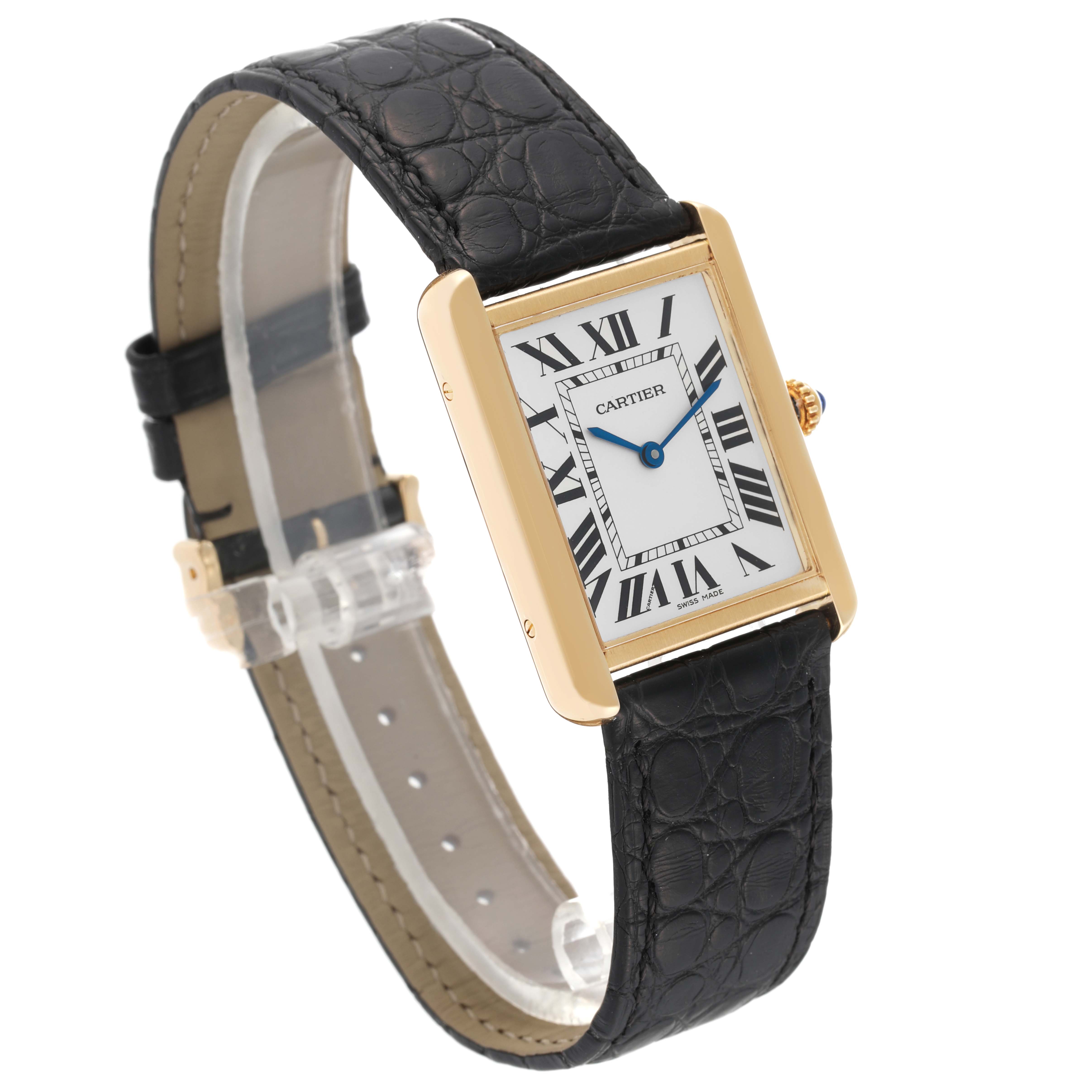 The image shows a Cartier Tank Solo W5200004 Men
s Steel and Gold (two tone) Silver Dial W5200004 Men
s Steel and Gold (two tone) Silver Dial watch at a three-quarter angle, highlighting its face, leather strap, and gold case.