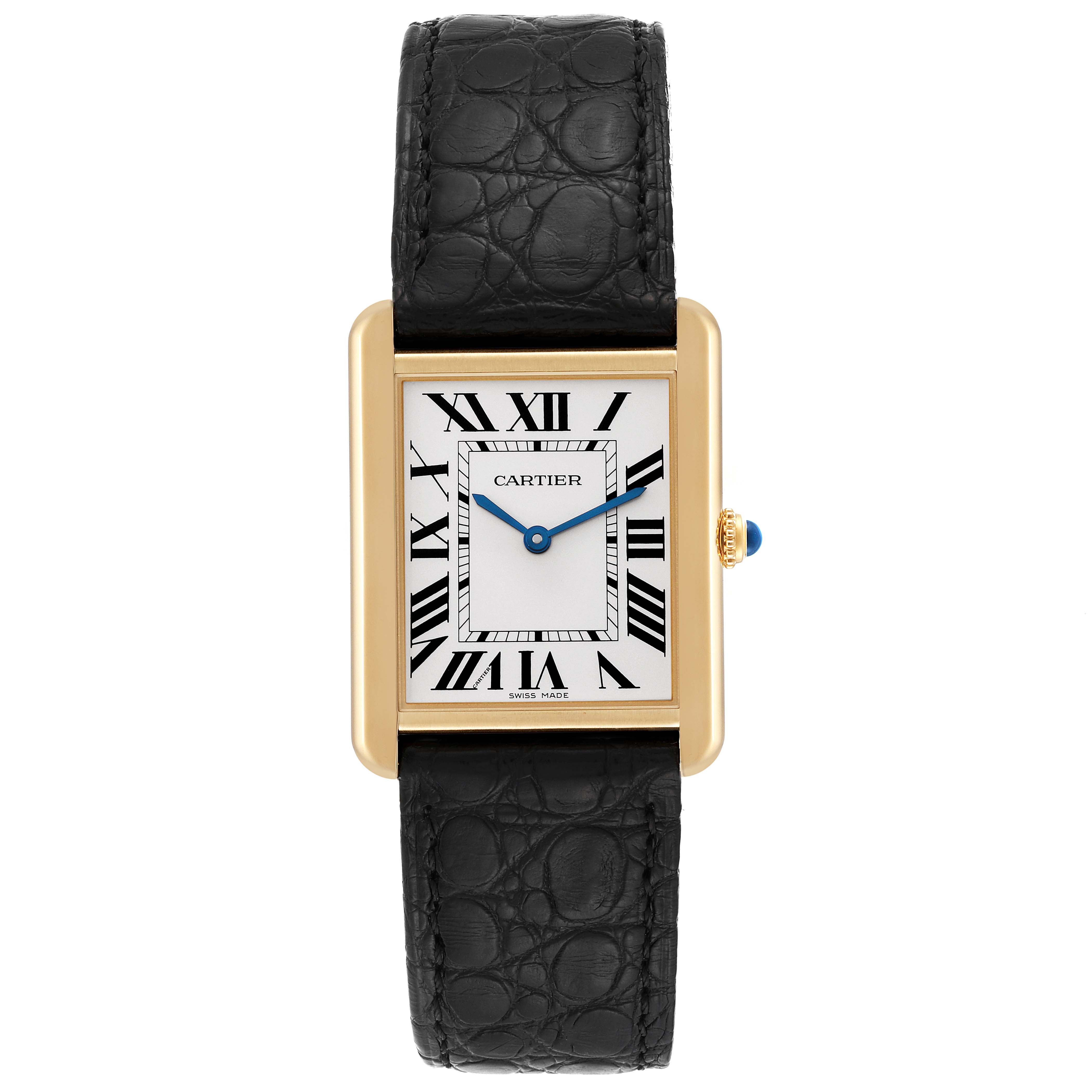 The image shows a Cartier Tank Solo W5200004 Men
s Steel and Gold (two tone) Silver Dial W5200004 Men
s Steel and Gold (two tone) Silver Dial watch from a front view, displaying the face, strap, and crown.