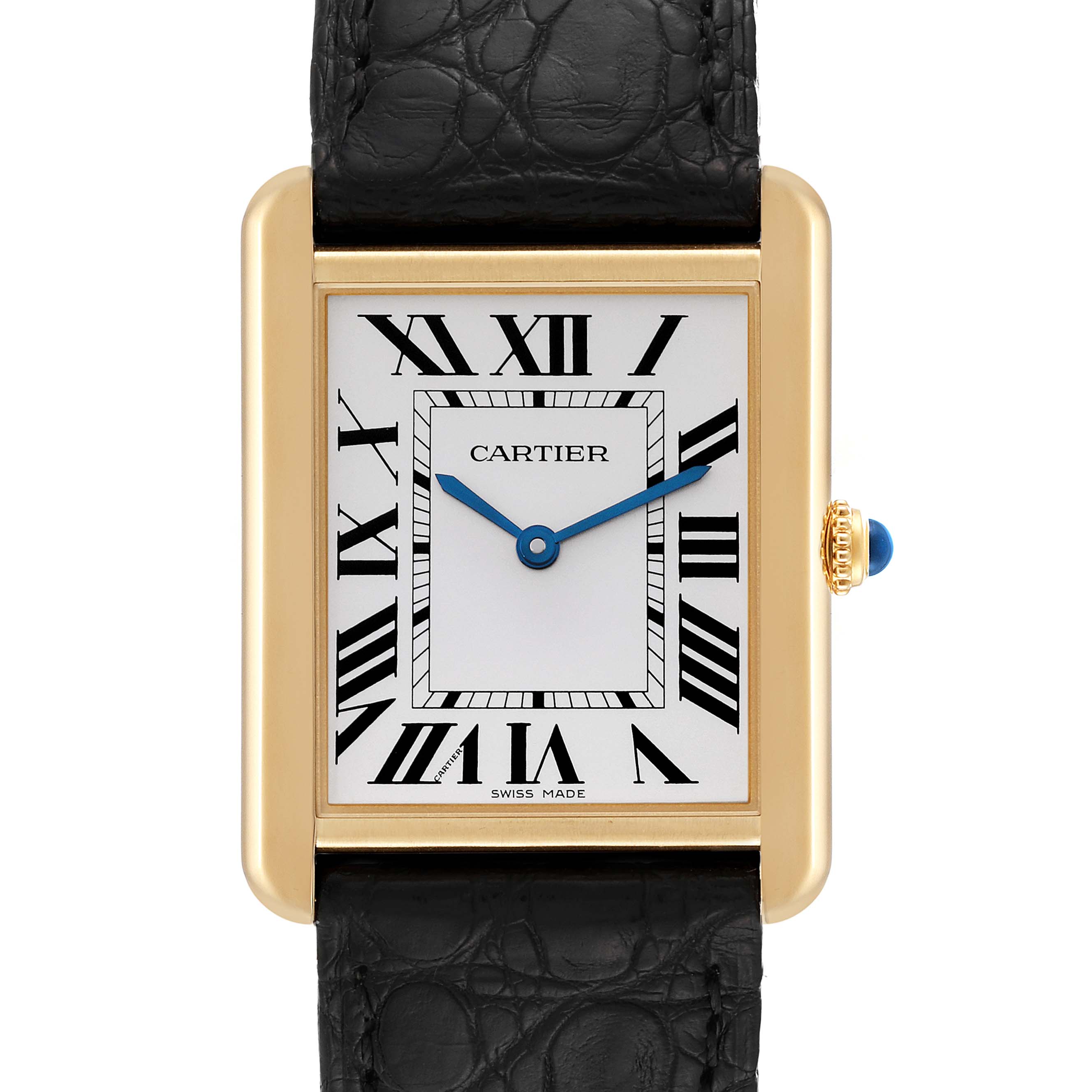 The image shows a frontal view of the Cartier Tank Solo W5200004 Men
s Steel and Gold (two tone) Silver Dial W5200004 Men
s Steel and Gold (two tone) Silver Dial watch, highlighting its face, Roman numeral markers, and black leather strap.