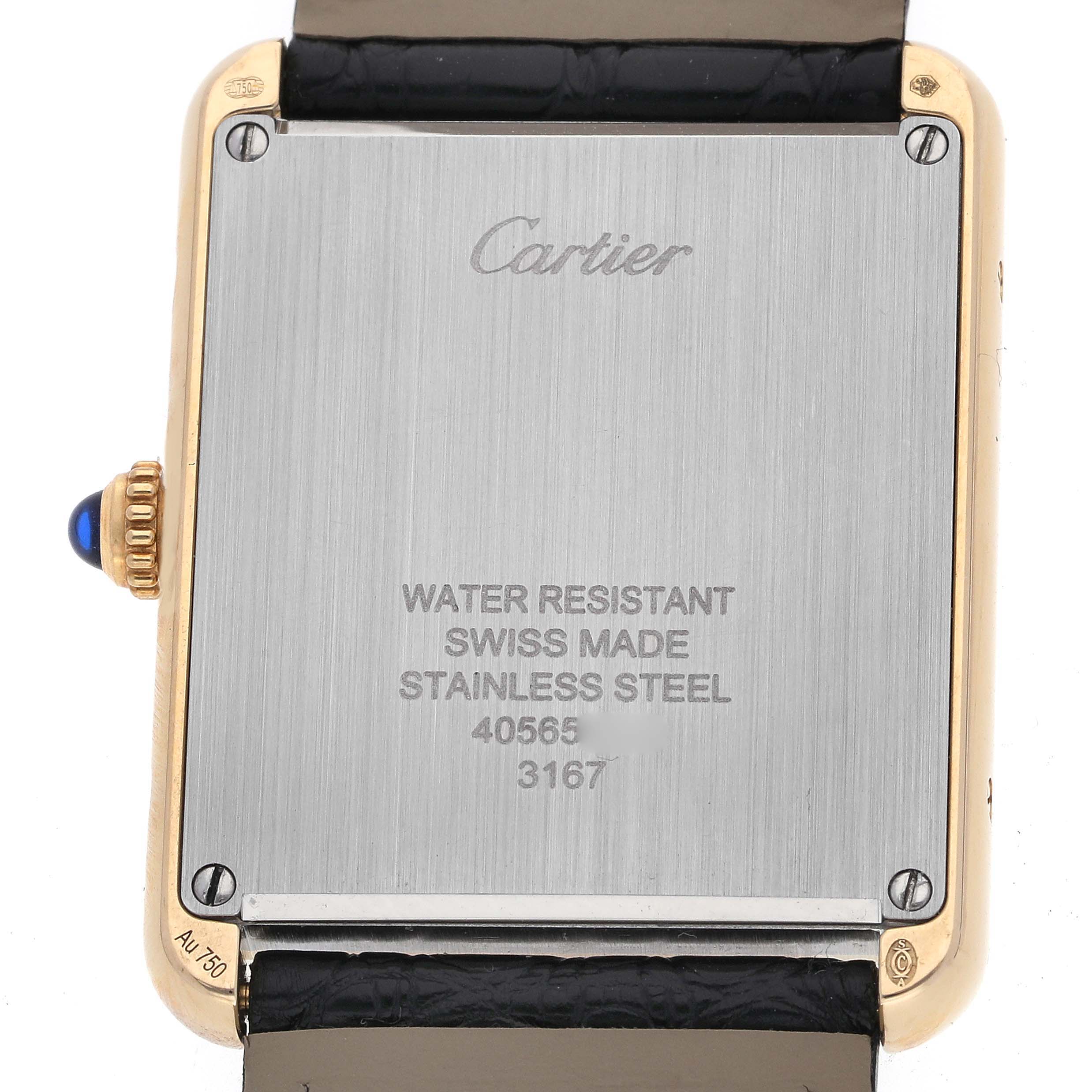 The image shows the back case of a Cartier Tank Solo W5200004 Men
s Steel and Gold (two tone) Silver Dial W5200004 Men
s Steel and Gold (two tone) Silver Dial watch.
