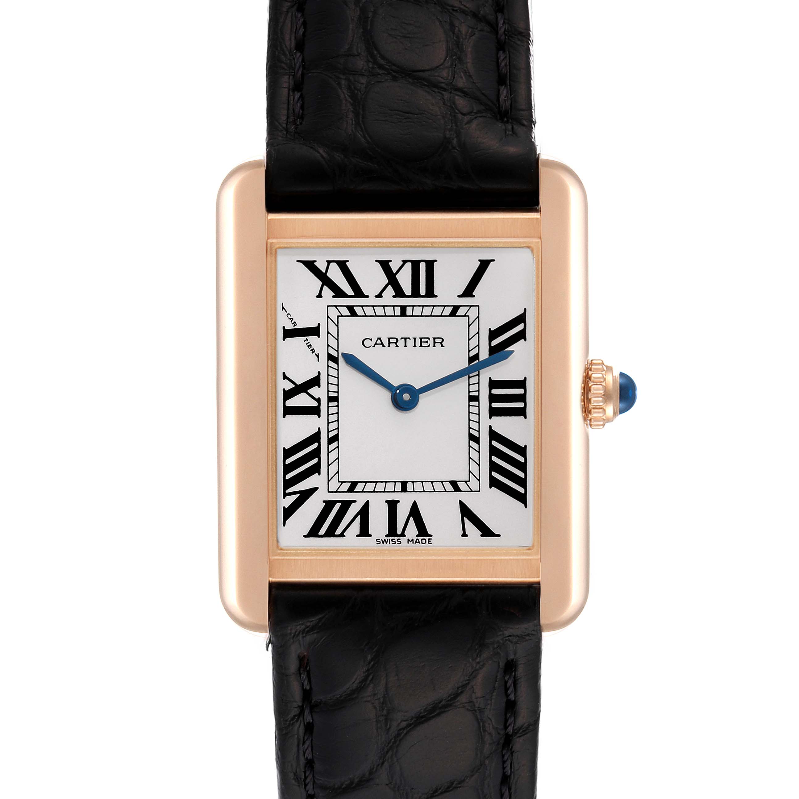 The image shows a front view of the Cartier Tank Solo W5200024 Women
s Steel and Gold (two tone) Silver Dial W5200024 Women
s Steel and Gold (two tone) Silver Dial watch, highlighting its face, Roman numeral markers, and black leather strap.