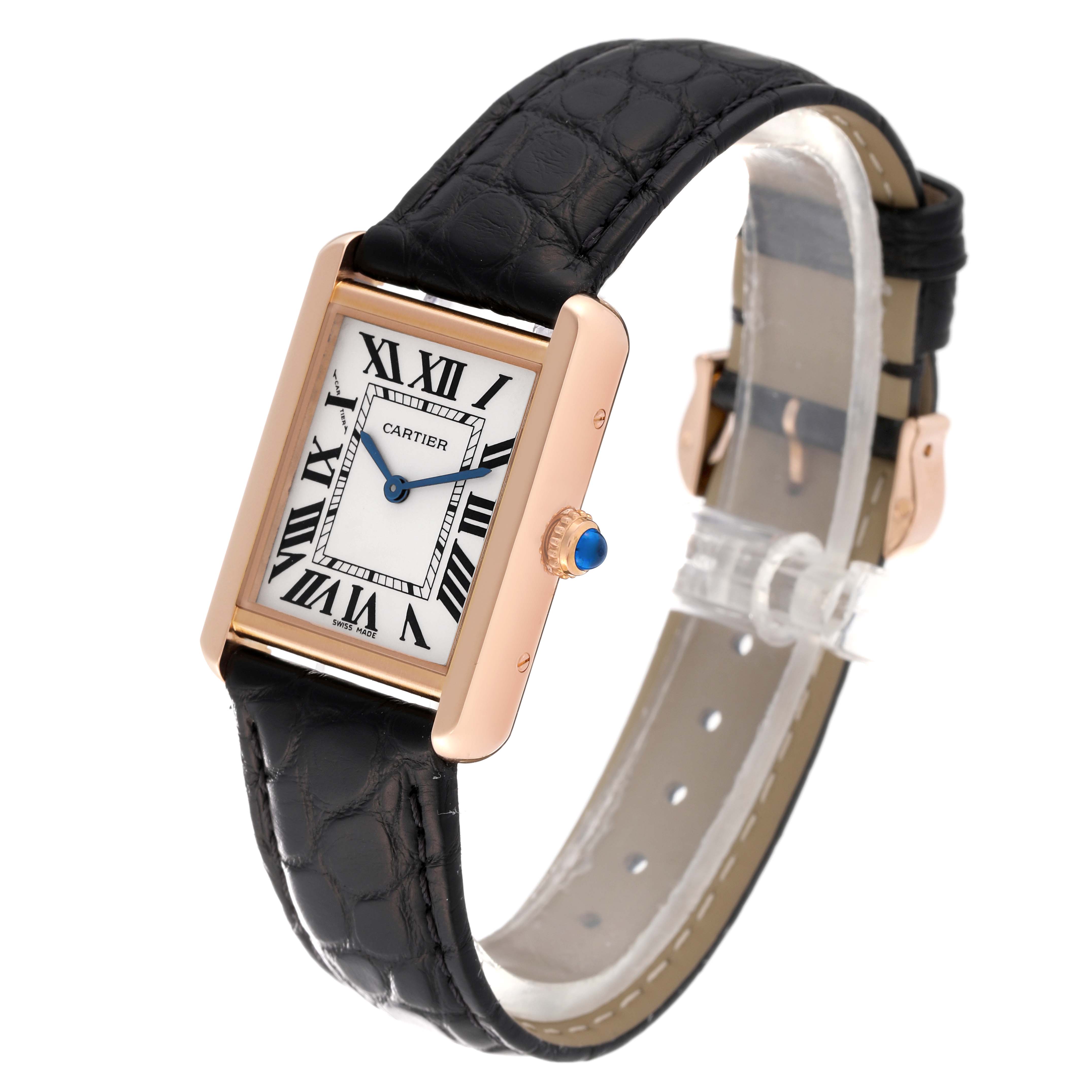 The image shows the Cartier Tank Solo W5200024 Women
s Steel and Gold (two tone) Silver Dial W5200024 Women
s Steel and Gold (two tone) Silver Dial watch at a slight angle, highlighting the face, crown, and black leather strap.