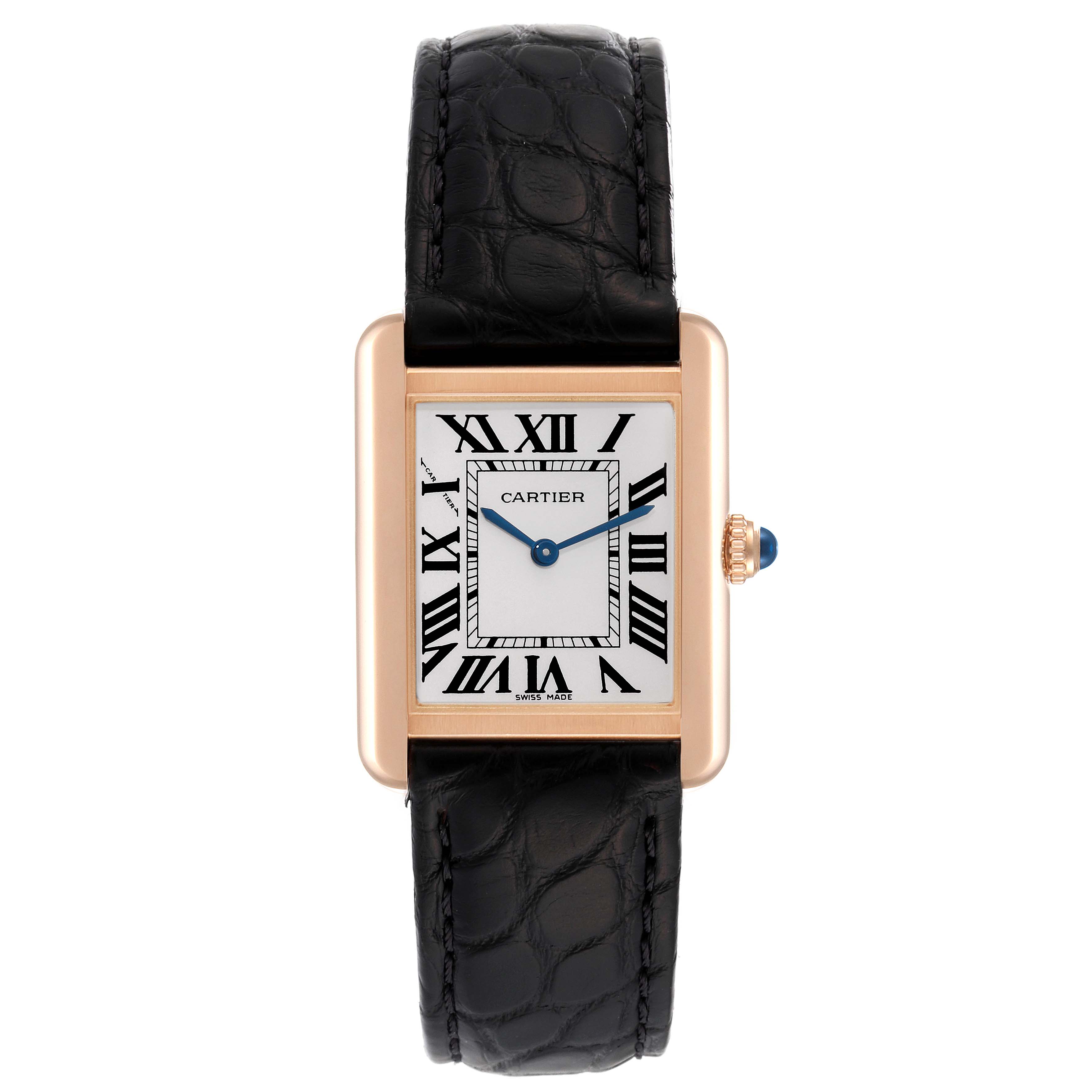 The image shows a Cartier Tank Solo W5200024 Women
s Steel and Gold (two tone) Silver Dial W5200024 Women
s Steel and Gold (two tone) Silver Dial watch from a front view, highlighting the face, Roman numerals, and the black leather strap.