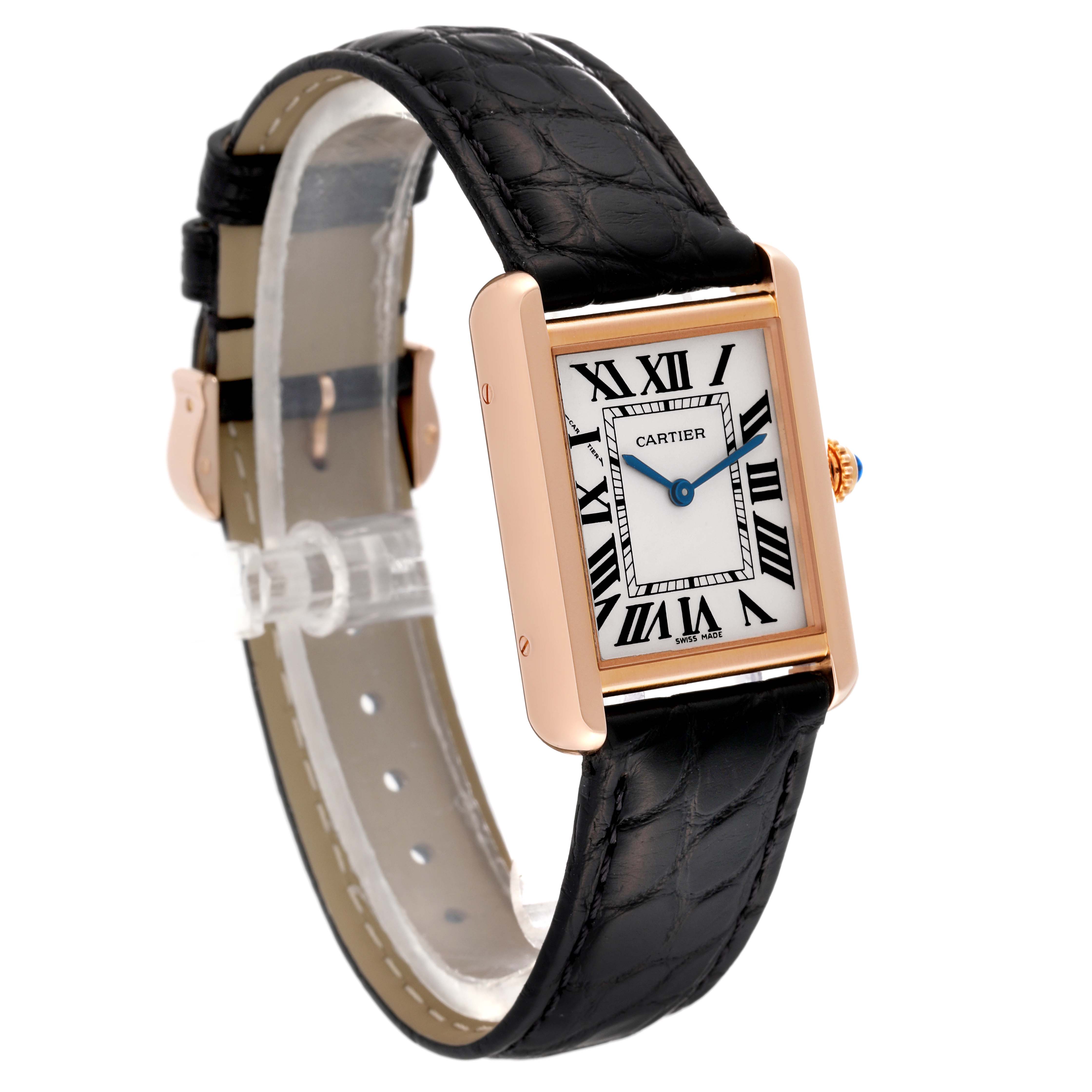 The Cartier Tank Solo W5200024 Women
s Steel and Gold (two tone) Silver Dial W5200024 Women
s Steel and Gold (two tone) Silver Dial watch is shown at an angled side view with a focus on the face, leather band, and crown.