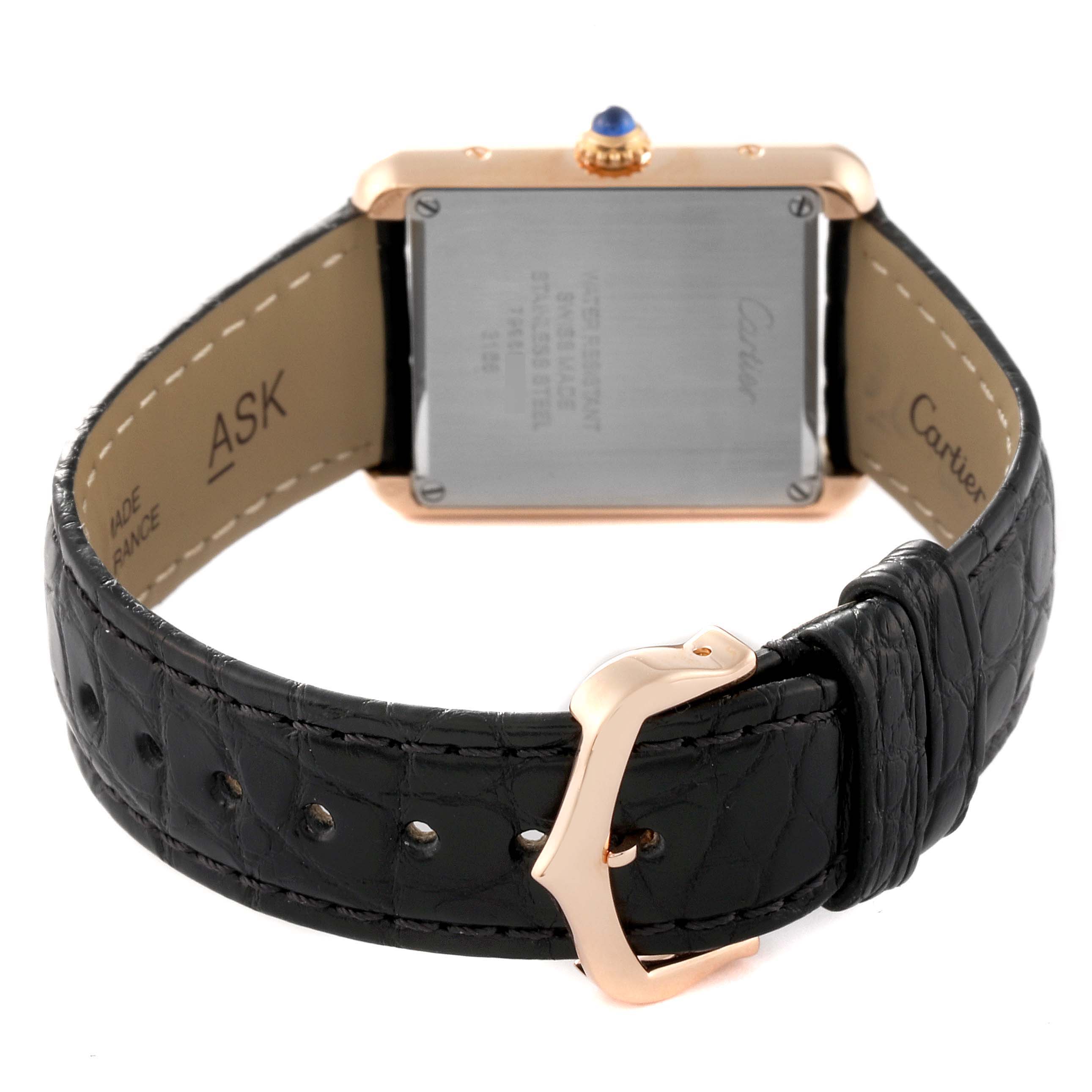 This image shows the backside of a Cartier Tank Solo W5200024 Women
s Steel and Gold (two tone) Silver Dial W5200024 Women
s Steel and Gold (two tone) Silver Dial watch, highlighting the rear case, strap, and buckle.