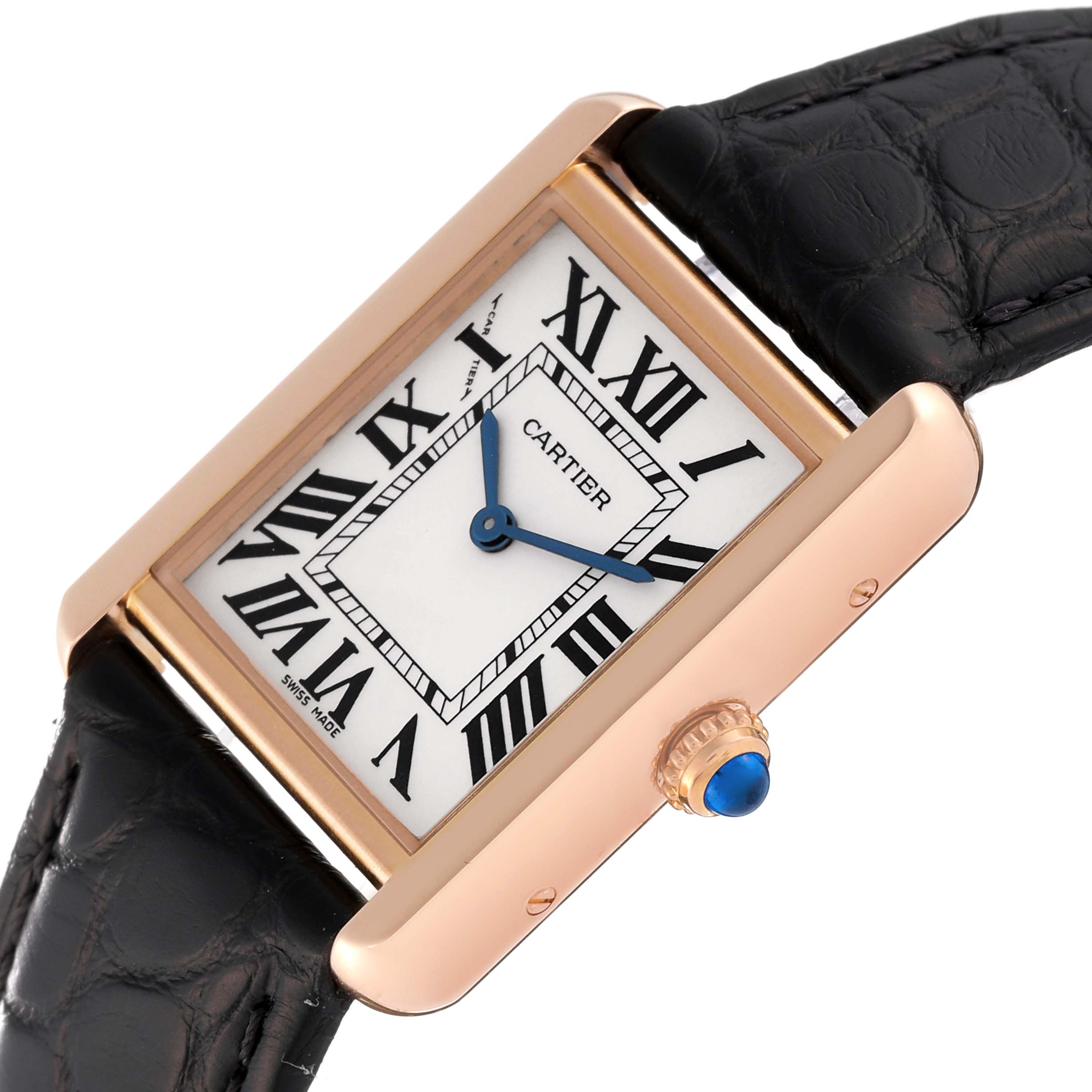 The Cartier Tank Solo W5200024 Women
s Steel and Gold (two tone) Silver Dial W5200024 Women
s Steel and Gold (two tone) Silver Dial watch is shown at an angle displaying its face, Roman numeral hour markers, blue hands, case, crown, and part of the black leather strap.