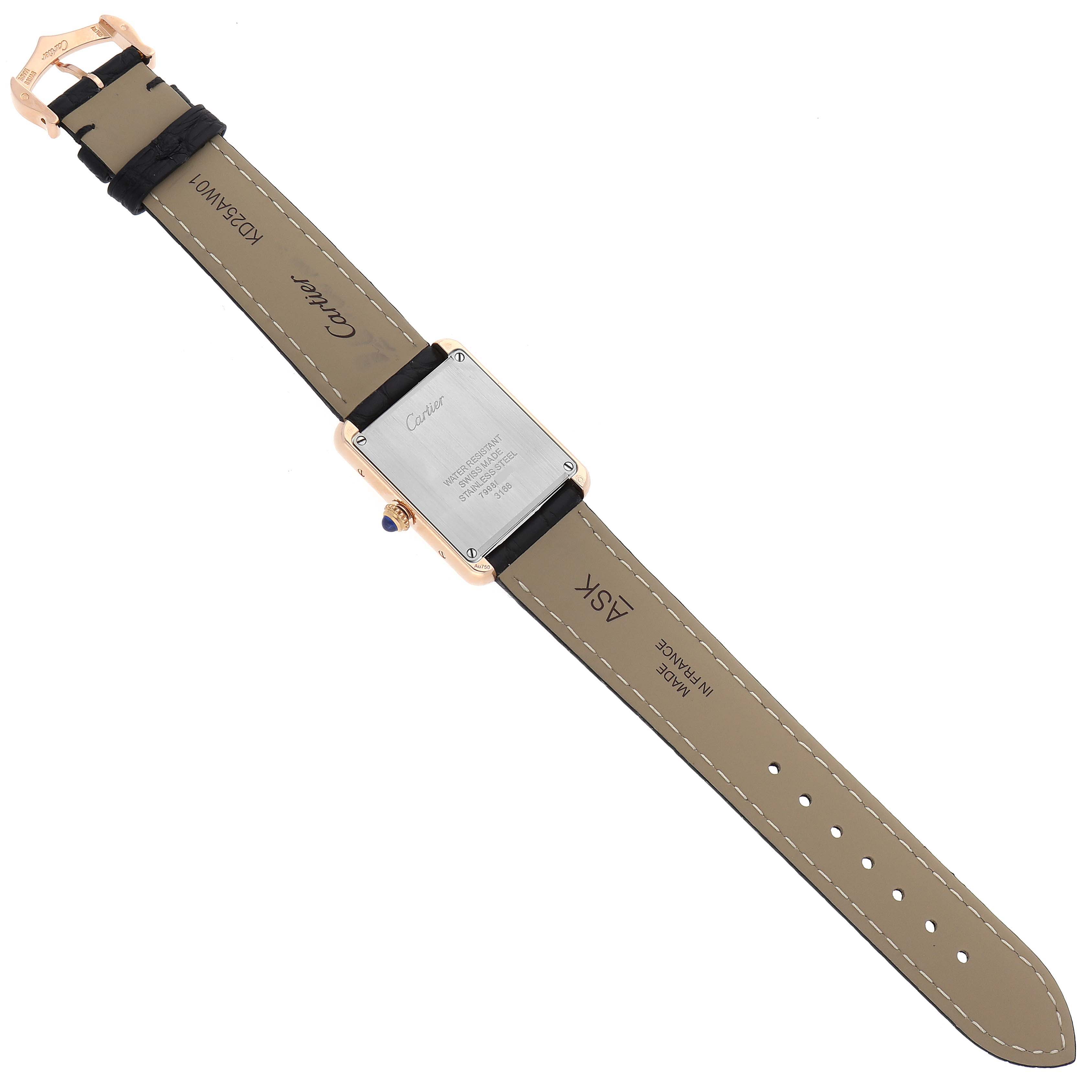 The image shows the back view of a Tank Solo model by Cartier, including the watch case and leather straps.