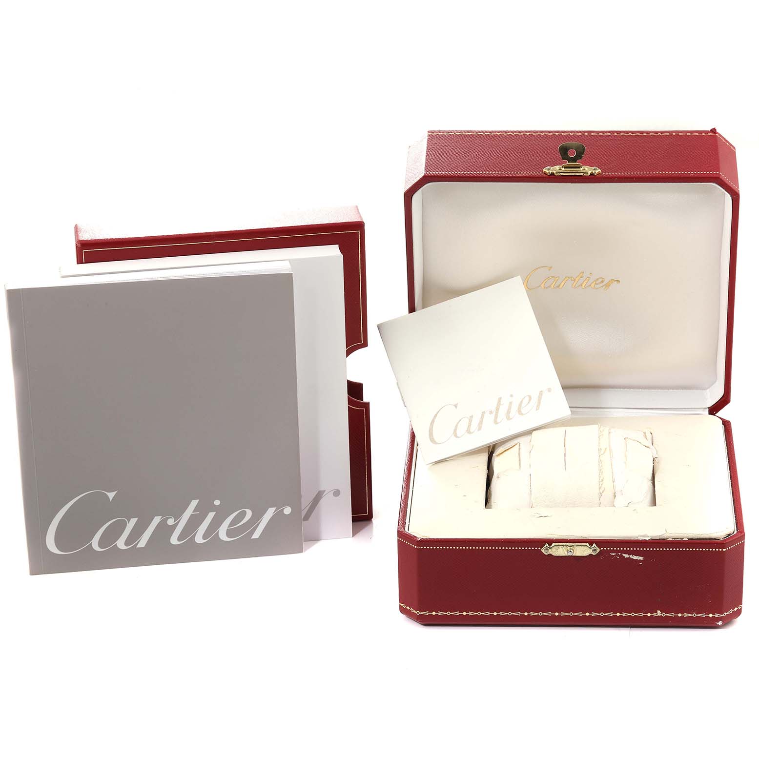This image shows the Cartier Tank Solo W1018255 Women
s Stainless Steel Silver Dial W1018255 Women
s Stainless Steel Silver Dial watch packaging, including the watch box, documents, and outer box.