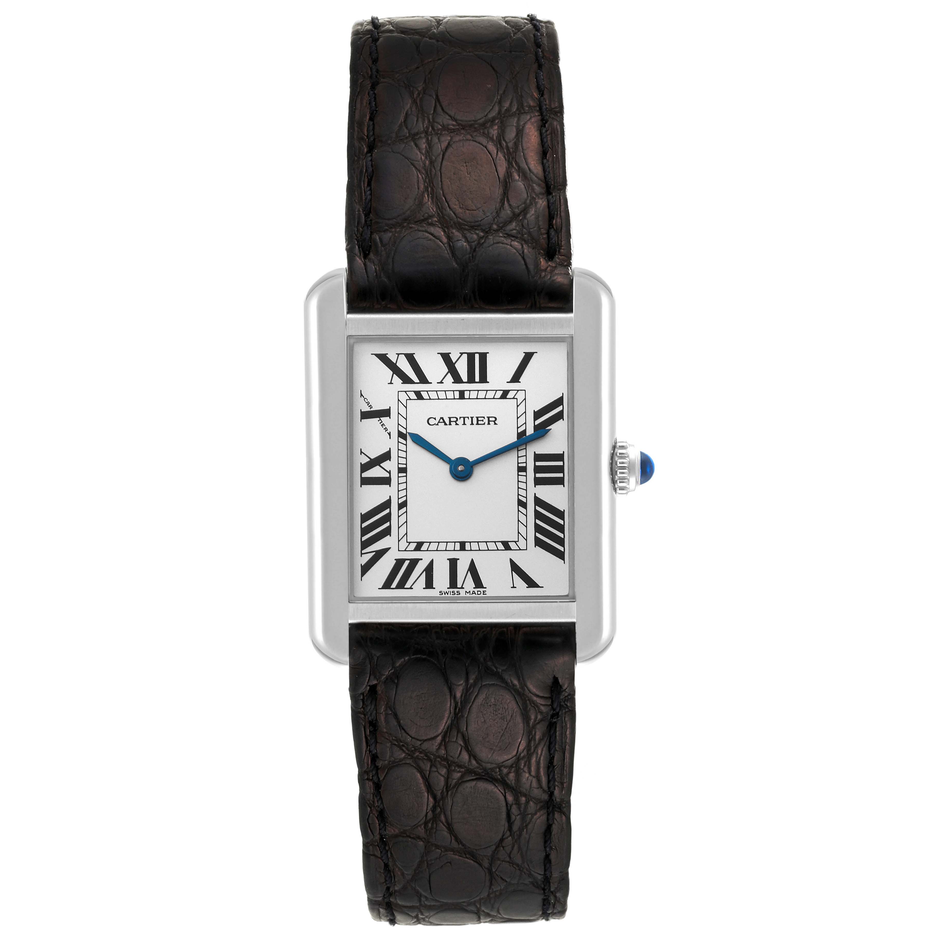 The image shows a front view of the Cartier Tank Solo W1018255 Women
s Stainless Steel Silver Dial W1018255 Women
s Stainless Steel Silver Dial watch, highlighting its rectangular face, Roman numeral dial, and dark leather strap.