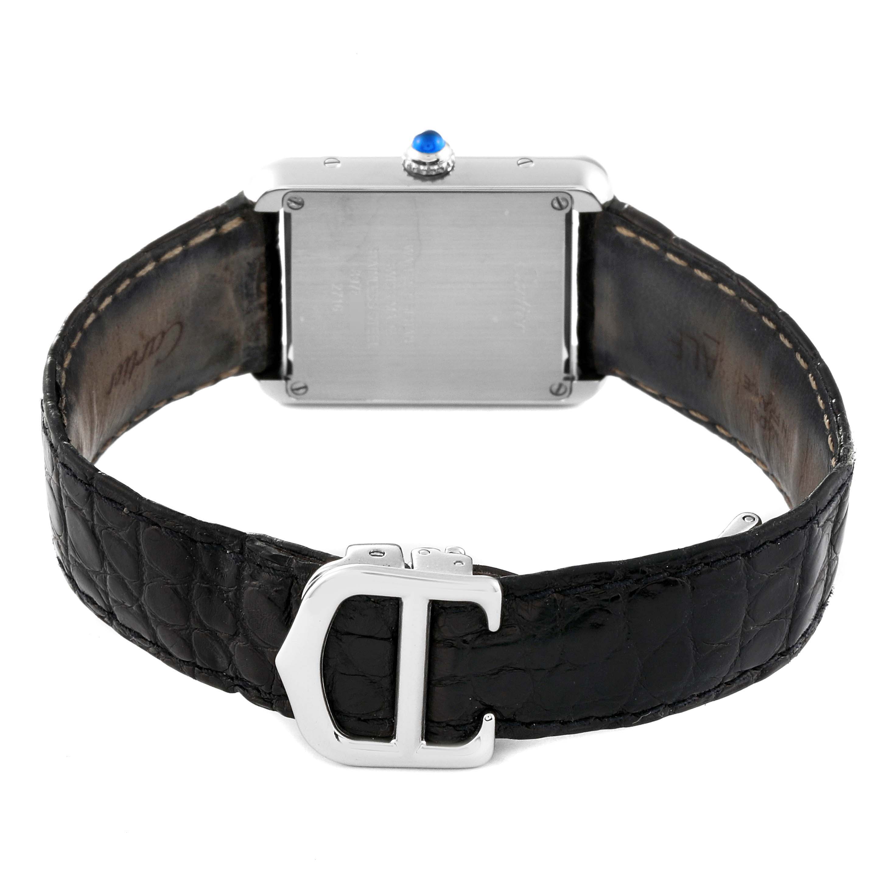 This image shows the back of the Cartier Tank Solo W1018255 Women
s Stainless Steel Silver Dial W1018255 Women
s Stainless Steel Silver Dial watch, displaying the strap and clasp.