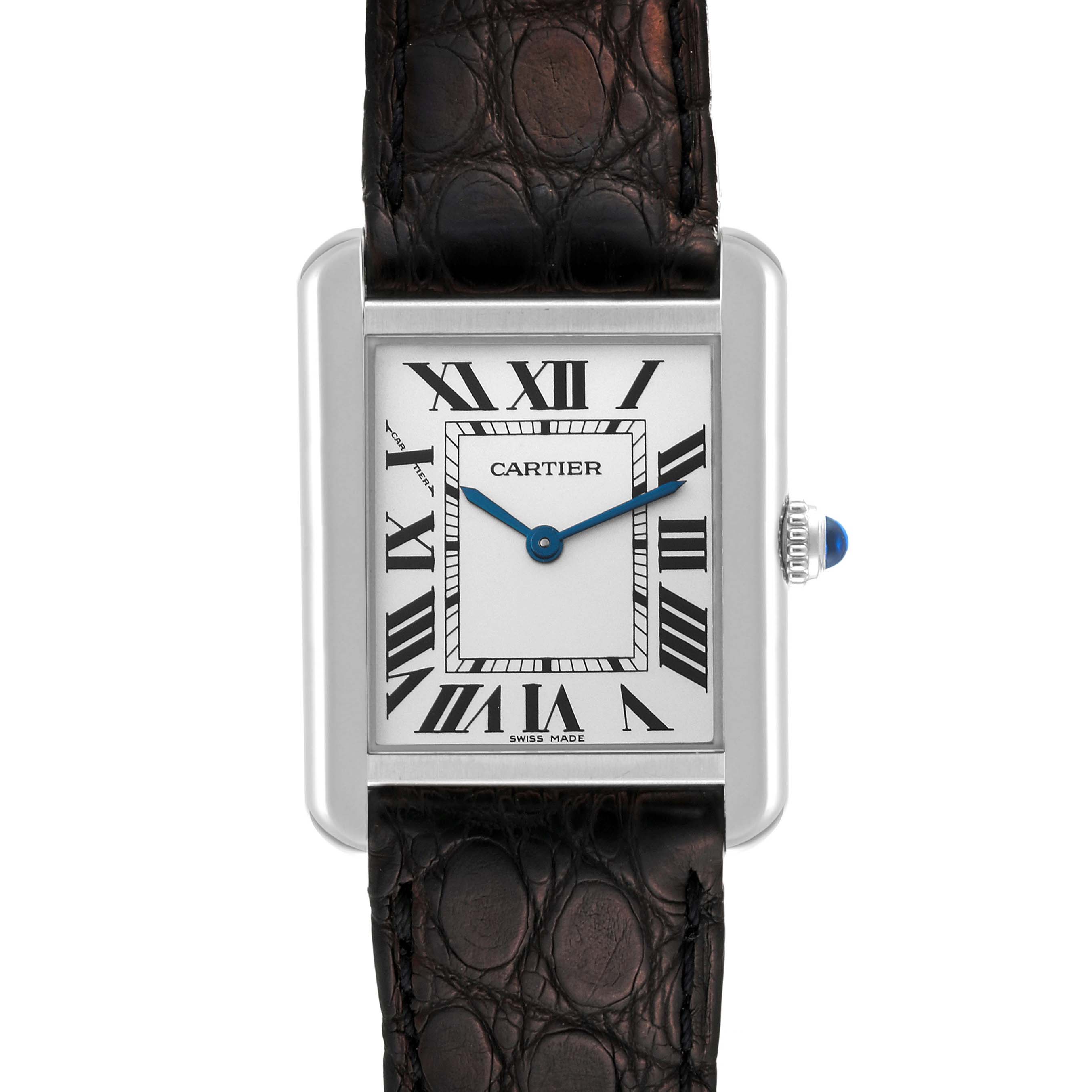 The image shows a front view of the Cartier Tank Solo W1018255 Women
s Stainless Steel Silver Dial W1018255 Women
s Stainless Steel Silver Dial watch, including its dial, Roman numerals, blue hands, crown, and leather strap.