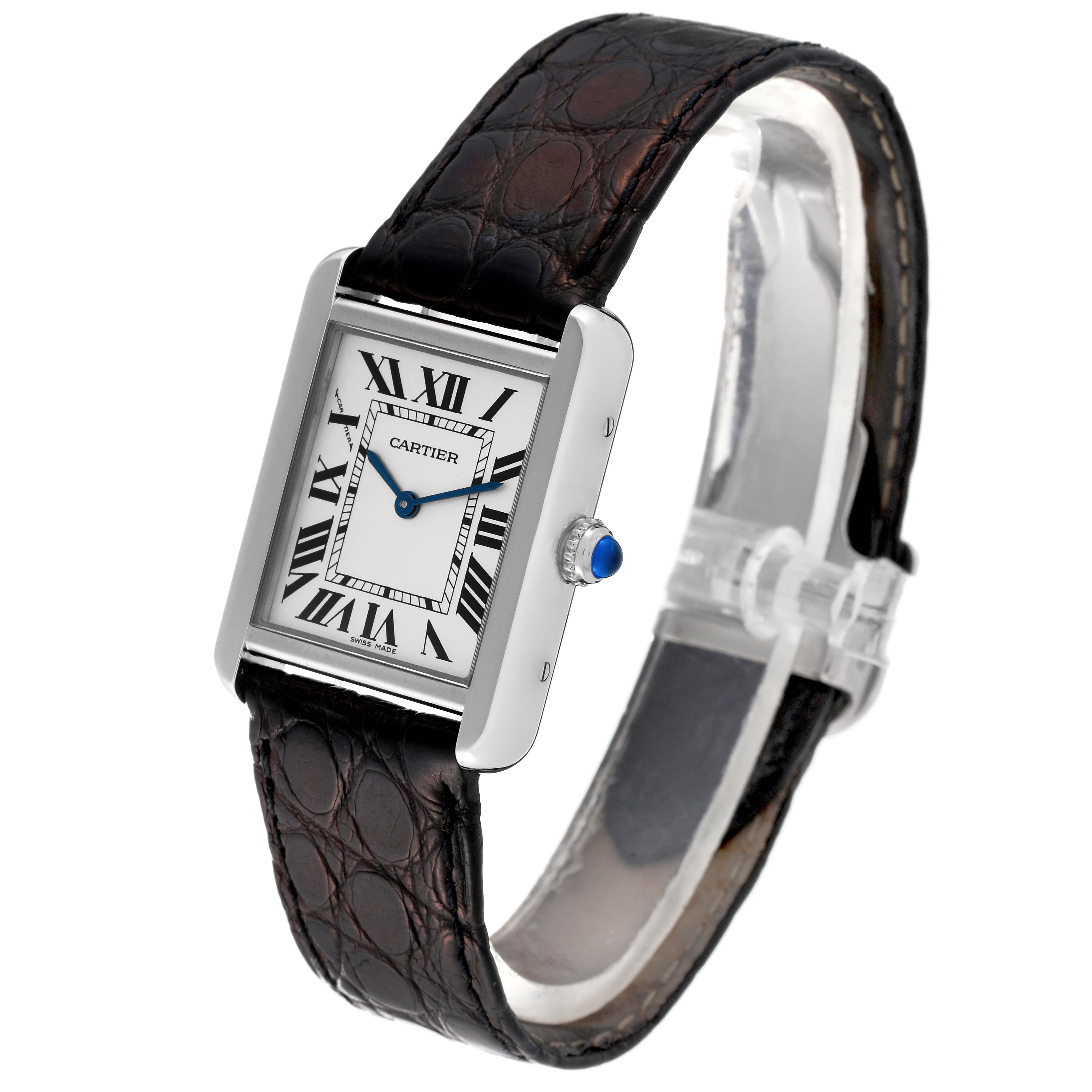The image shows a Cartier Tank Solo W1018255 Women
s Stainless Steel Silver Dial W1018255 Women
s Stainless Steel Silver Dial watch angled slightly to display the face, crown, and brown leather strap.