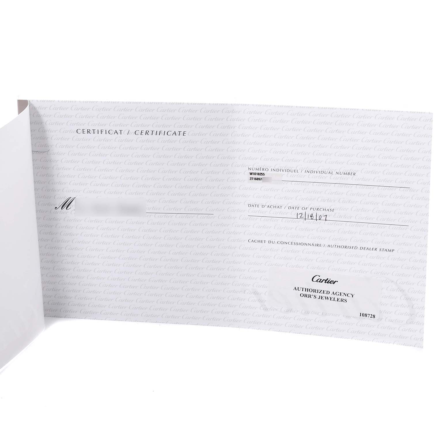 The image shows a Certificate of Best Quality
ity for a Cartier Tank Solo W1018255 Women
s Stainless Steel Silver Dial W1018255 Women
s Stainless Steel Silver Dial watch.