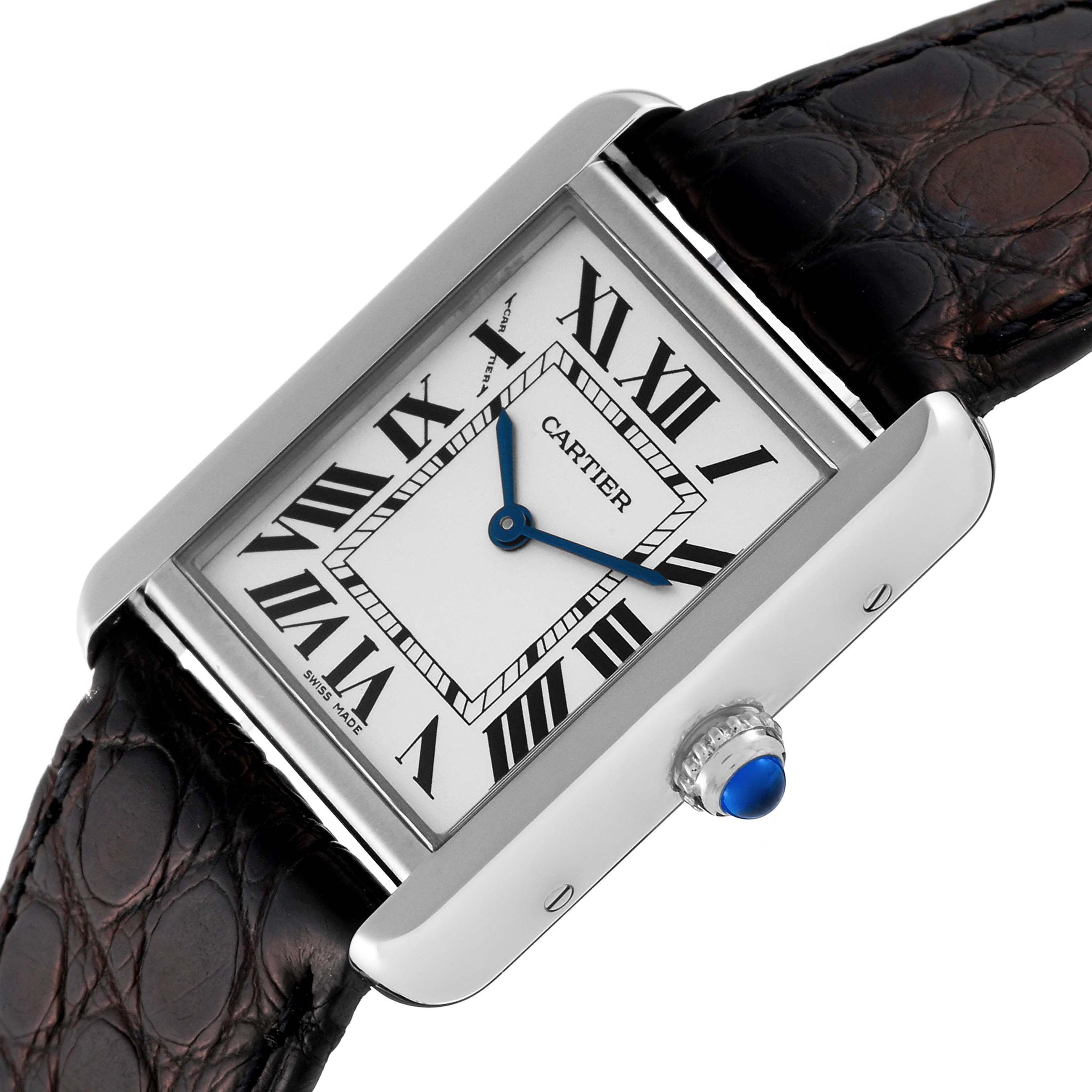 The image shows a Cartier Tank Solo W1018255 Women
s Stainless Steel Silver Dial W1018255 Women
s Stainless Steel Silver Dial watch from a slight top angle, highlighting the rectangular face, Roman numerals, and leather strap.