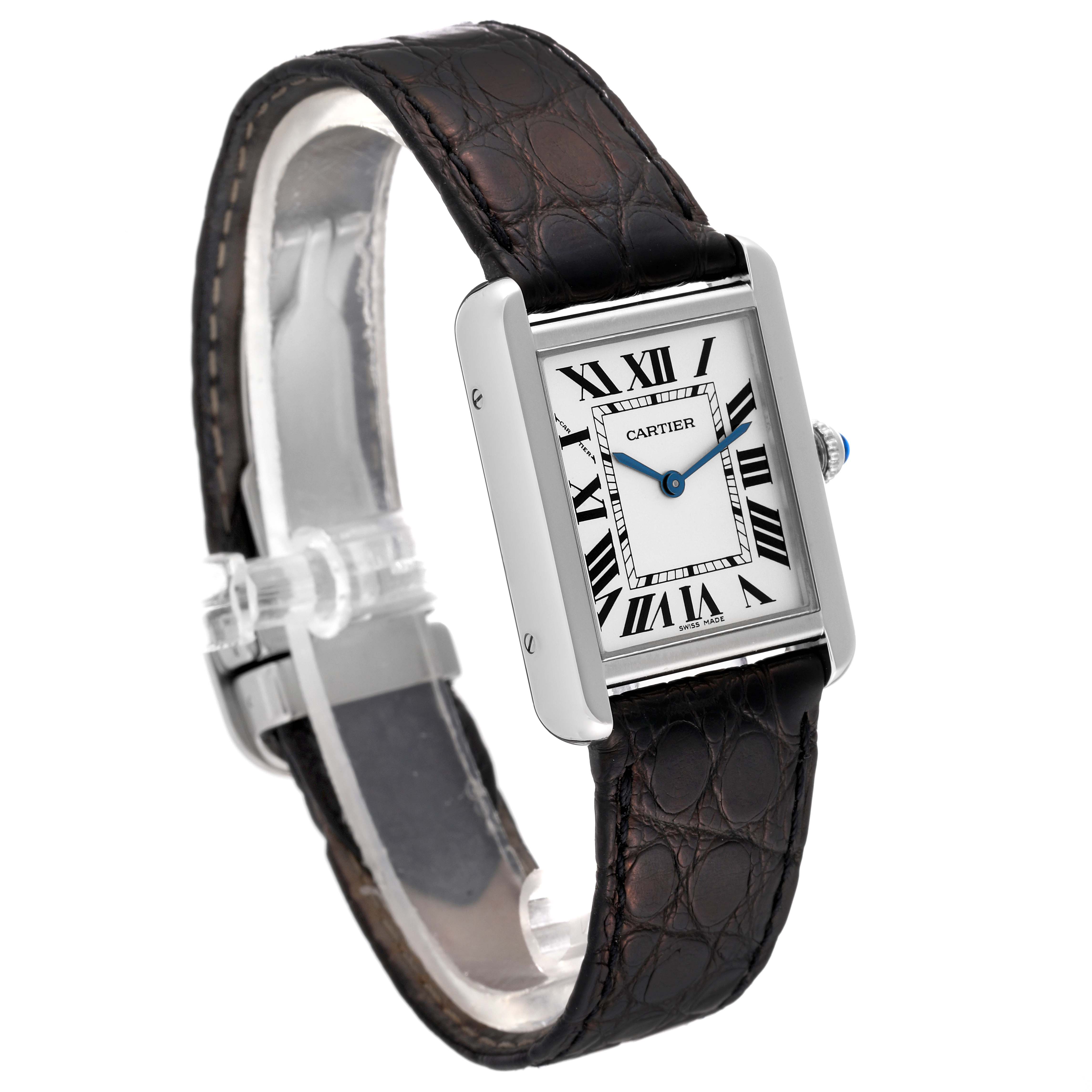 The image shows a front and slight side view of the Cartier Tank Solo W1018255 Women
s Stainless Steel Silver Dial W1018255 Women
s Stainless Steel Silver Dial watch, highlighting its face, case, and leather strap.