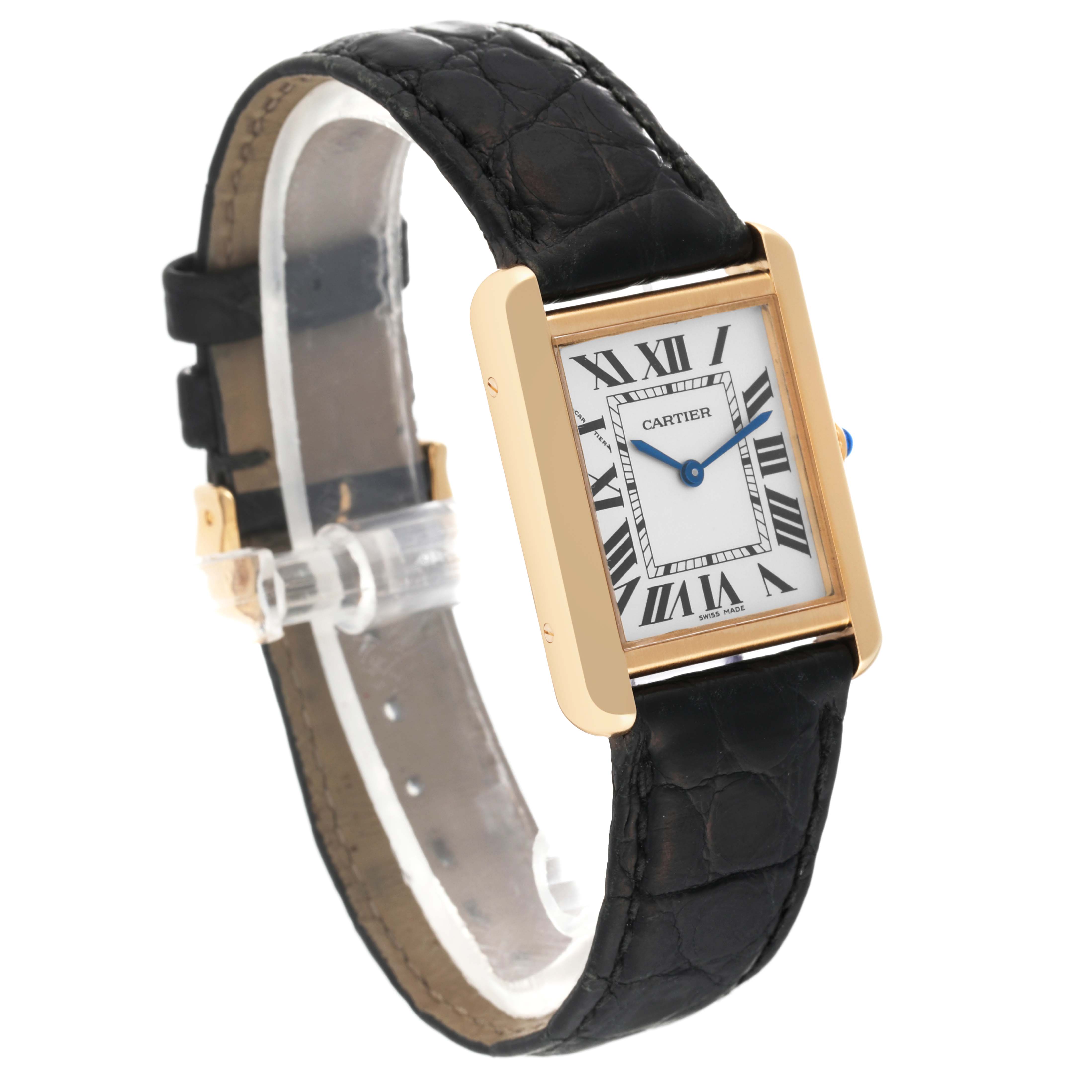 The image shows a Cartier Tank Solo W5200002 Women
s Steel and Gold (two tone) Silver Dial W5200002 Women
s Steel and Gold (two tone) Silver Dial watch with a black leather strap, gold case, and white dial, viewed from a right-angled top perspective.