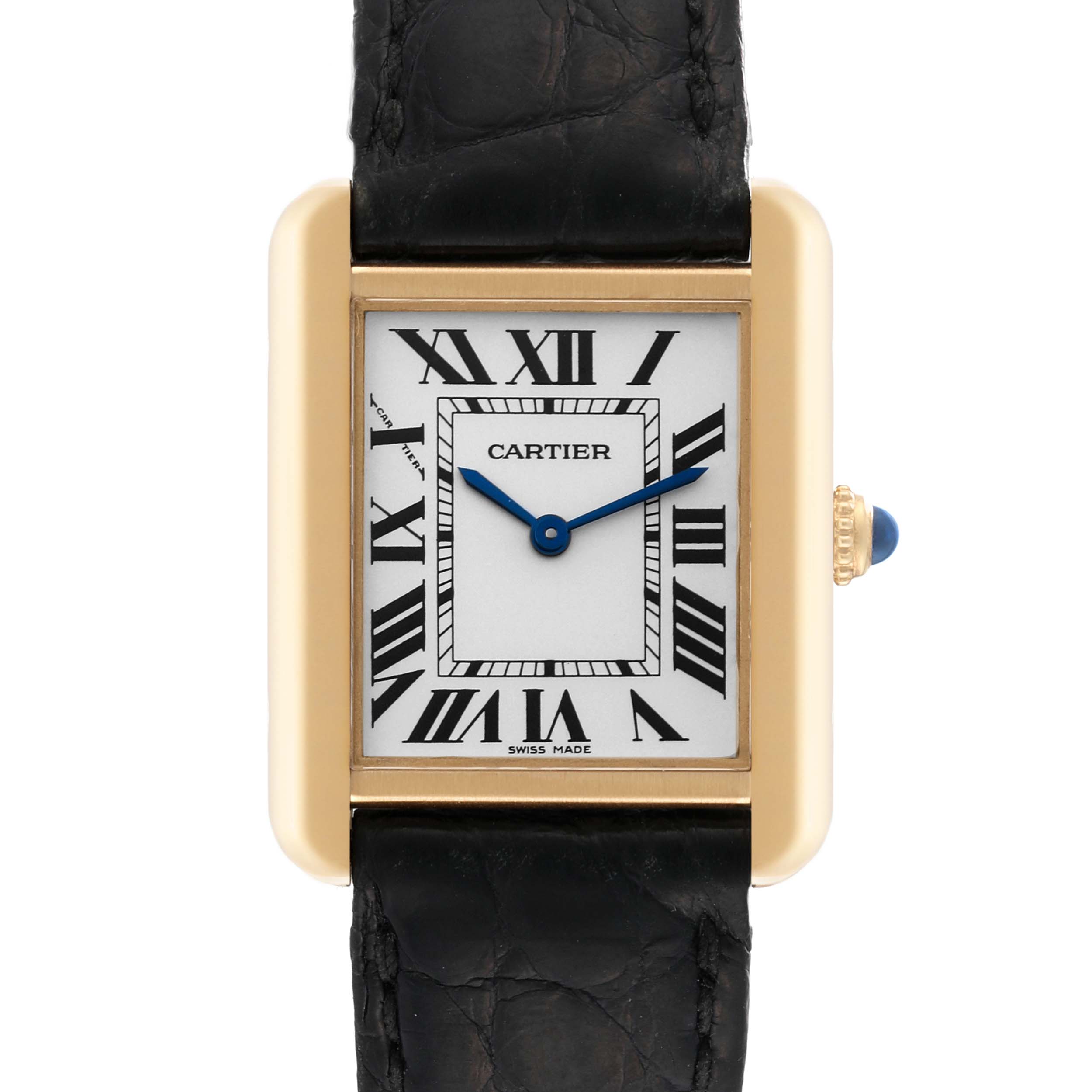 The image shows a Cartier Tank Solo W5200002 Women
s Steel and Gold (two tone) Silver Dial W5200002 Women
s Steel and Gold (two tone) Silver Dial watch face with Roman numerals, blue hands, and a leather strap in a straight-on angle.