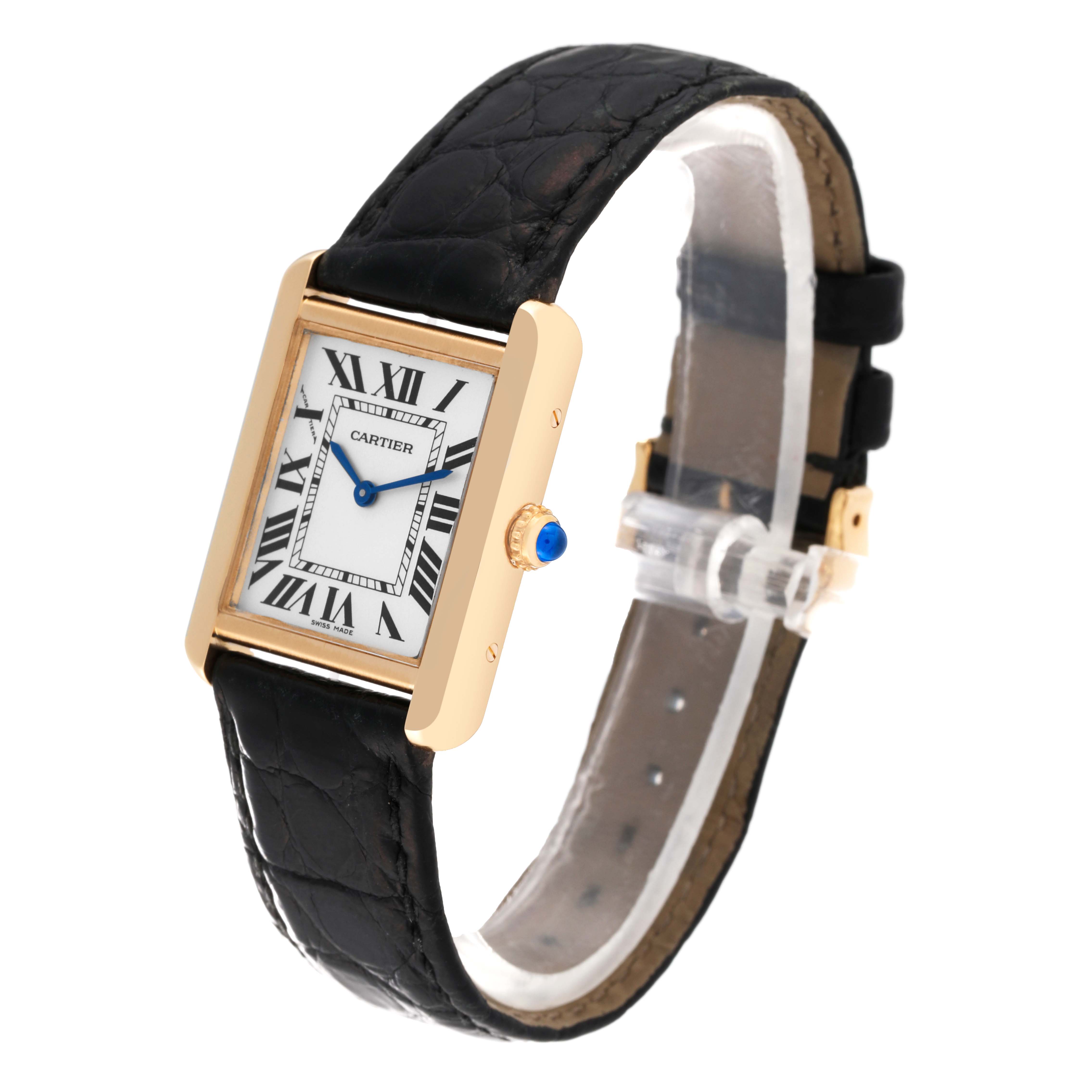 The image shows a Cartier Tank Solo W5200002 Women
s Steel and Gold (two tone) Silver Dial W5200002 Women
s Steel and Gold (two tone) Silver Dial watch at a slight angle, displaying the face, strap, and side crown in detail.