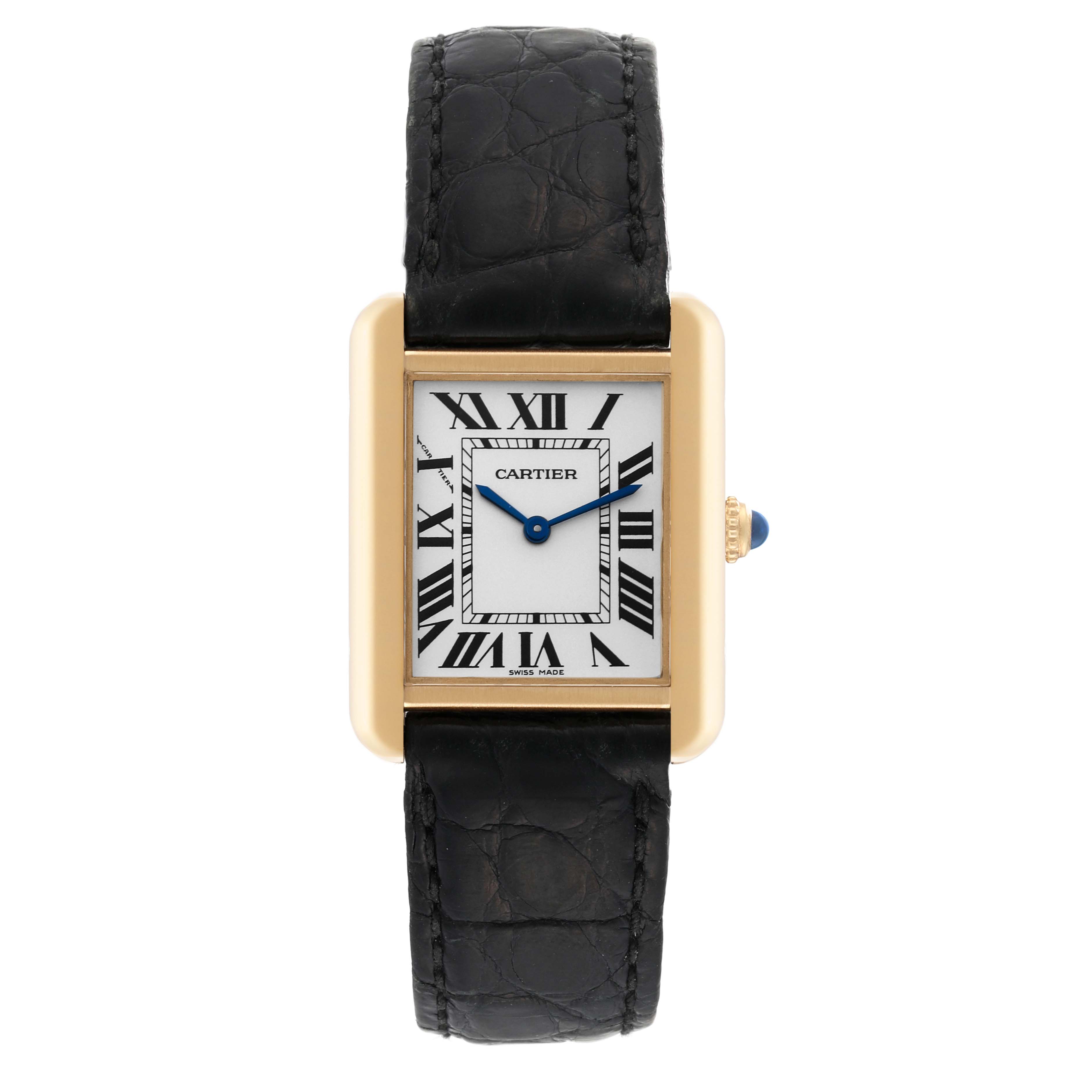 This image shows a front view of a Cartier Tank Solo W5200002 Women
s Steel and Gold (two tone) Silver Dial W5200002 Women
s Steel and Gold (two tone) Silver Dial watch with a black leather strap and gold rectangular case.