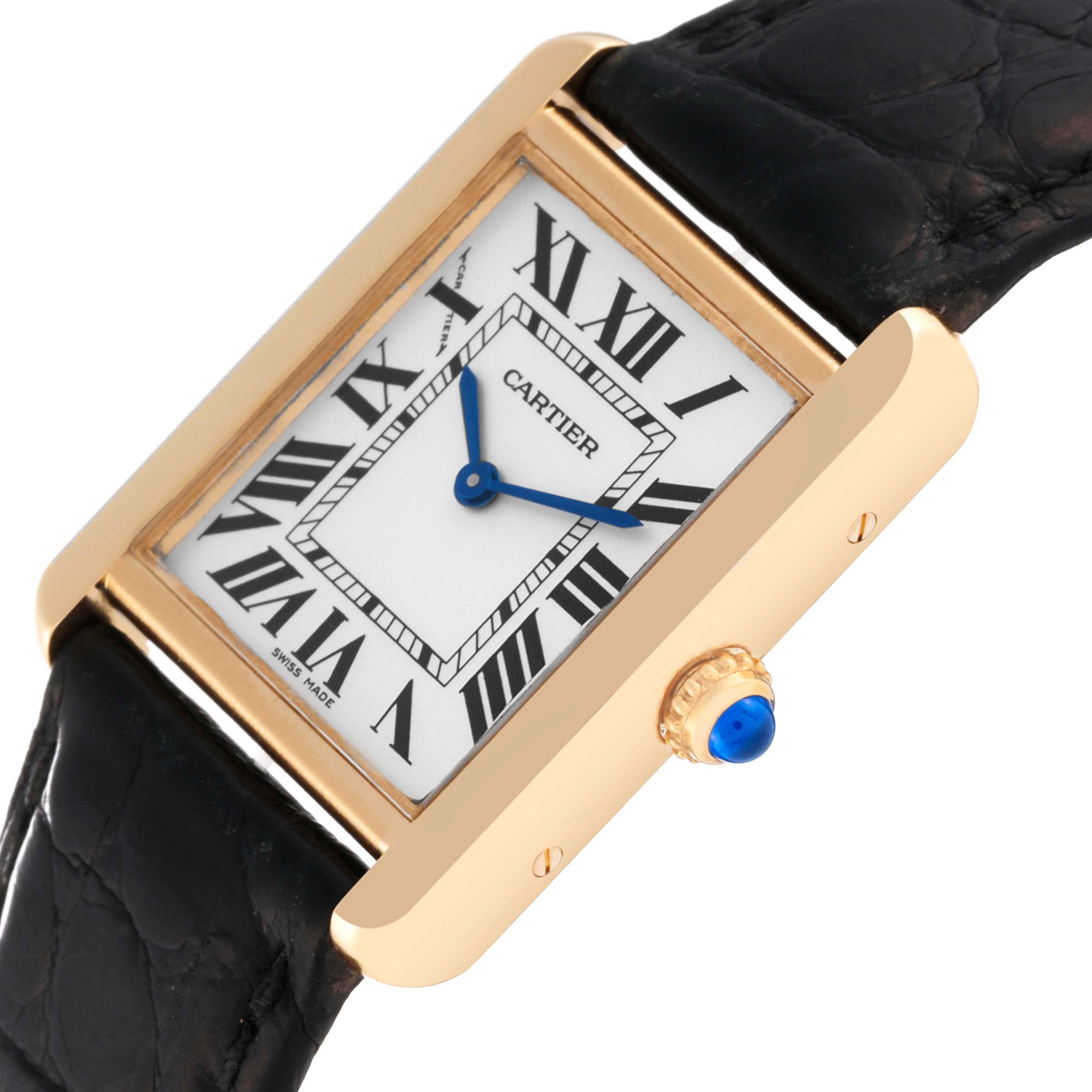 The image shows a close-up angle of the Cartier Tank Solo W5200002 Women
s Steel and Gold (two tone) Silver Dial W5200002 Women
s Steel and Gold (two tone) Silver Dial watch
s face, bezel, crown, and part of the leather strap.