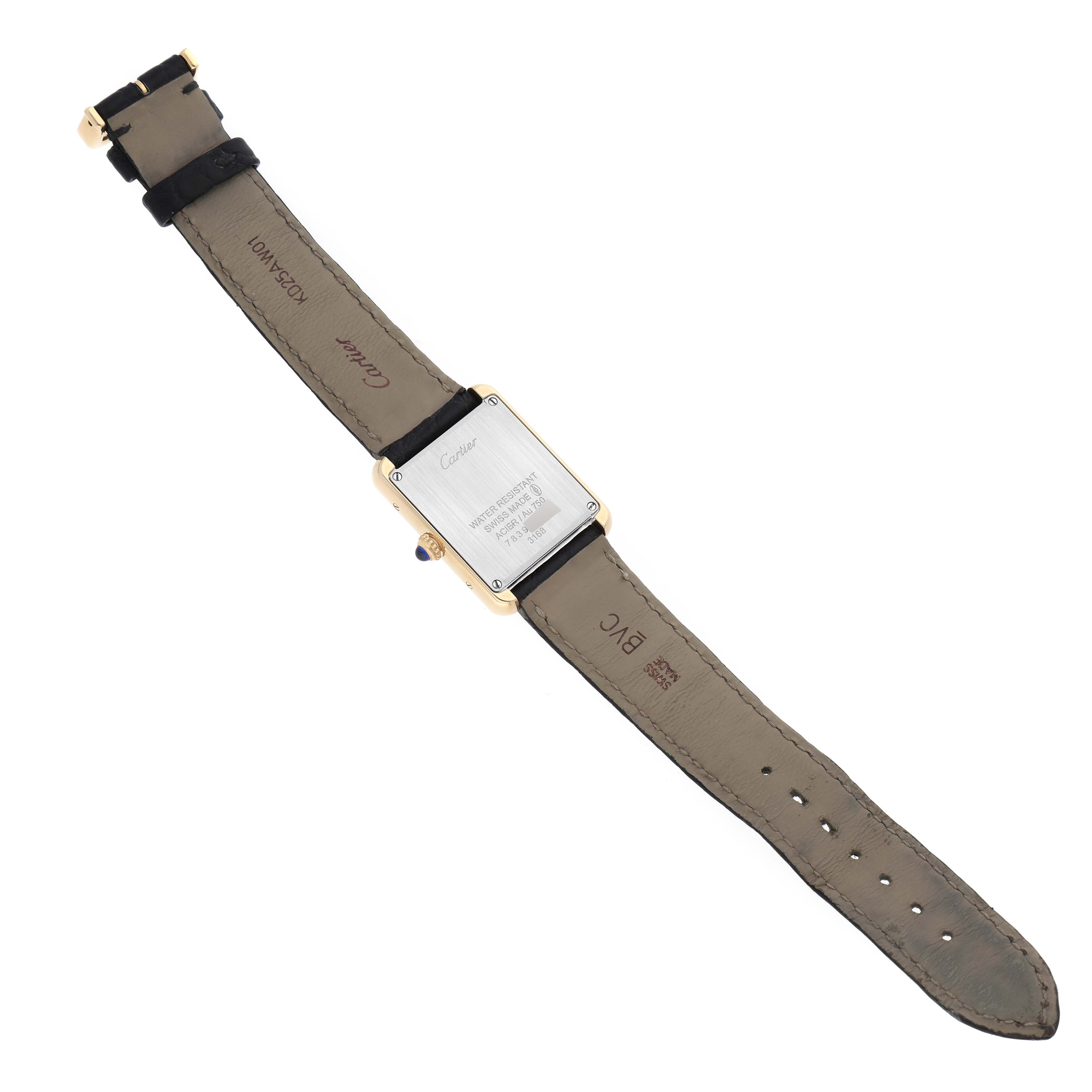 This image shows the back view of a Cartier Tank Solo W5200002 Women
s Steel and Gold (two tone) Silver Dial W5200002 Women
s Steel and Gold (two tone) Silver Dial watch, featuring the case back and leather straps.