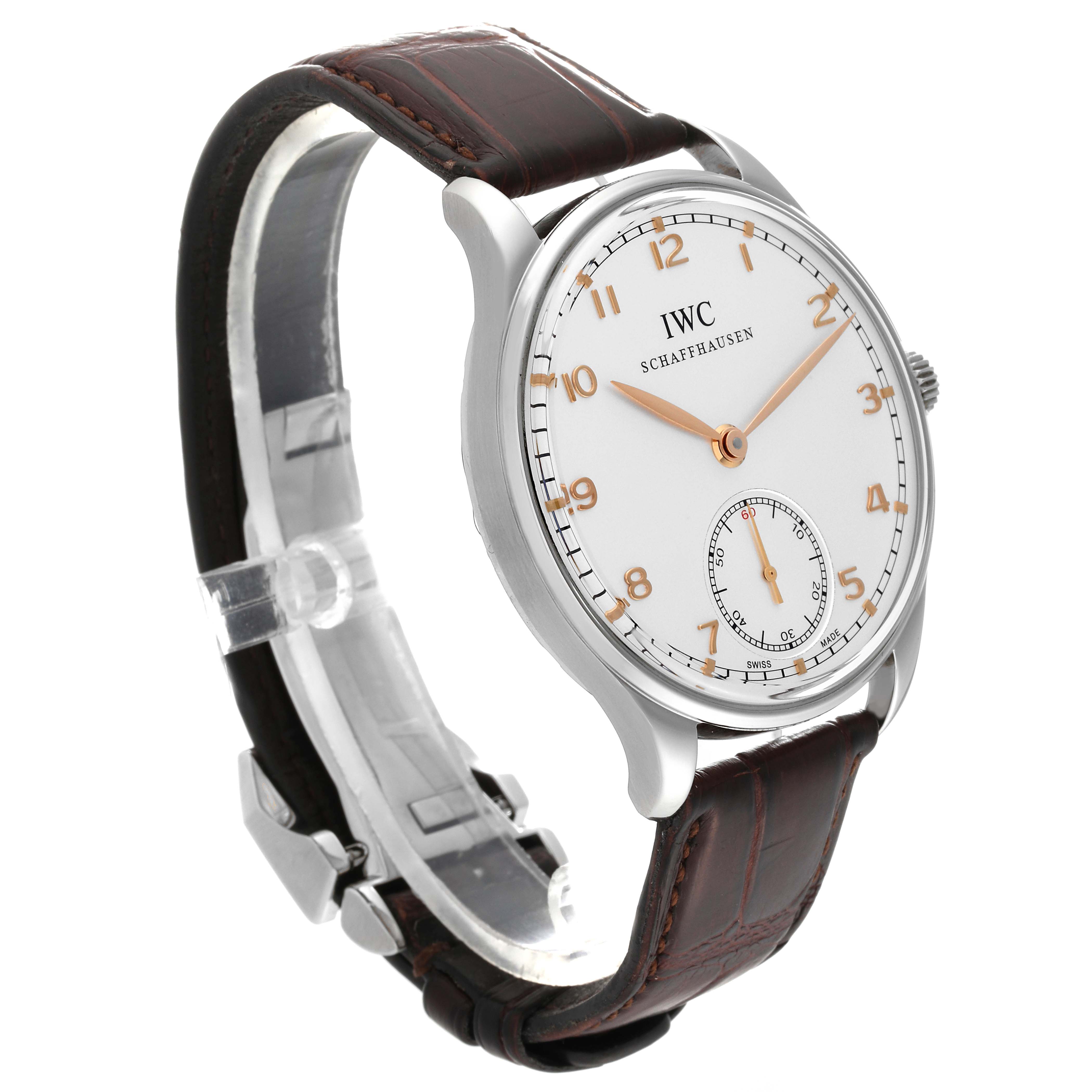 The image shows an angled side view of an IWC Portuguese IW545408 Men's Stainless Steel Silver Dial IW545408 Men's Stainless Steel Silver Dial model watch, highlighting its face, strap, and clasp.