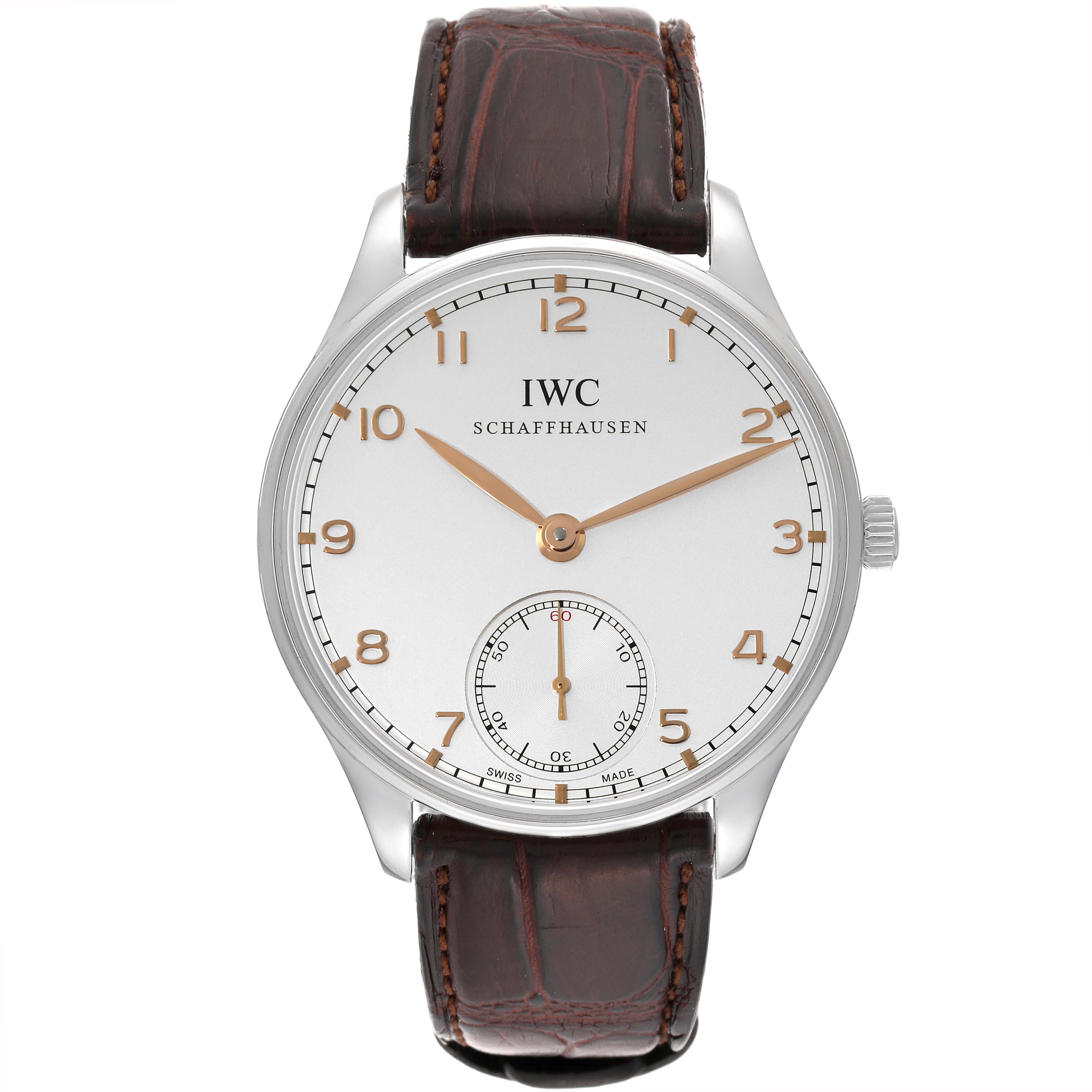 The image shows a frontal view of an IWC Portuguese IW545408 Men's Stainless Steel Silver Dial IW545408 Men's Stainless Steel Silver Dial model watch with a brown leather strap and silver dial.