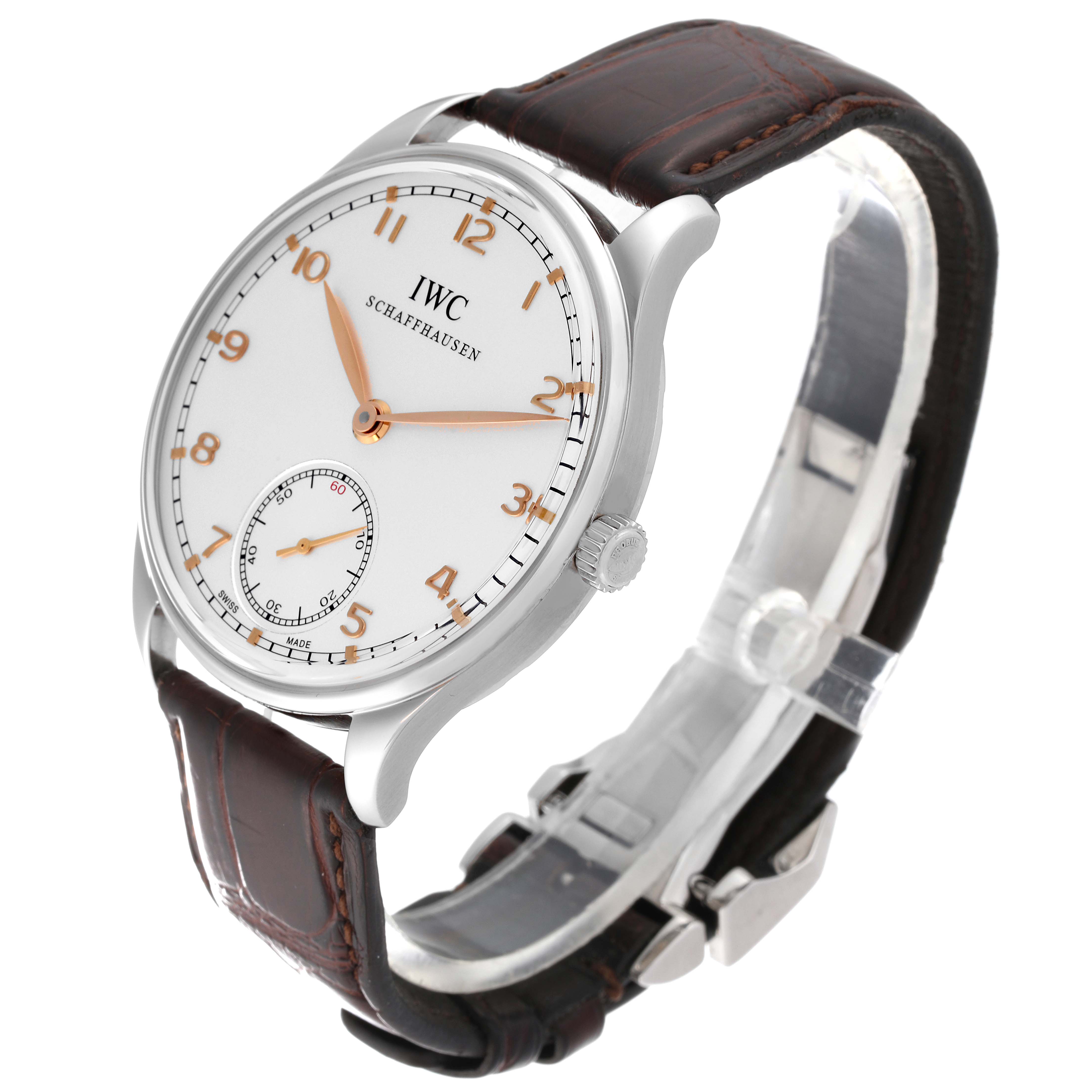 This IWC Portuguese IW545408 Men's Stainless Steel Silver Dial IW545408 Men's Stainless Steel Silver Dial model watch is viewed from an angle showing the face, case, crown, and leather strap.