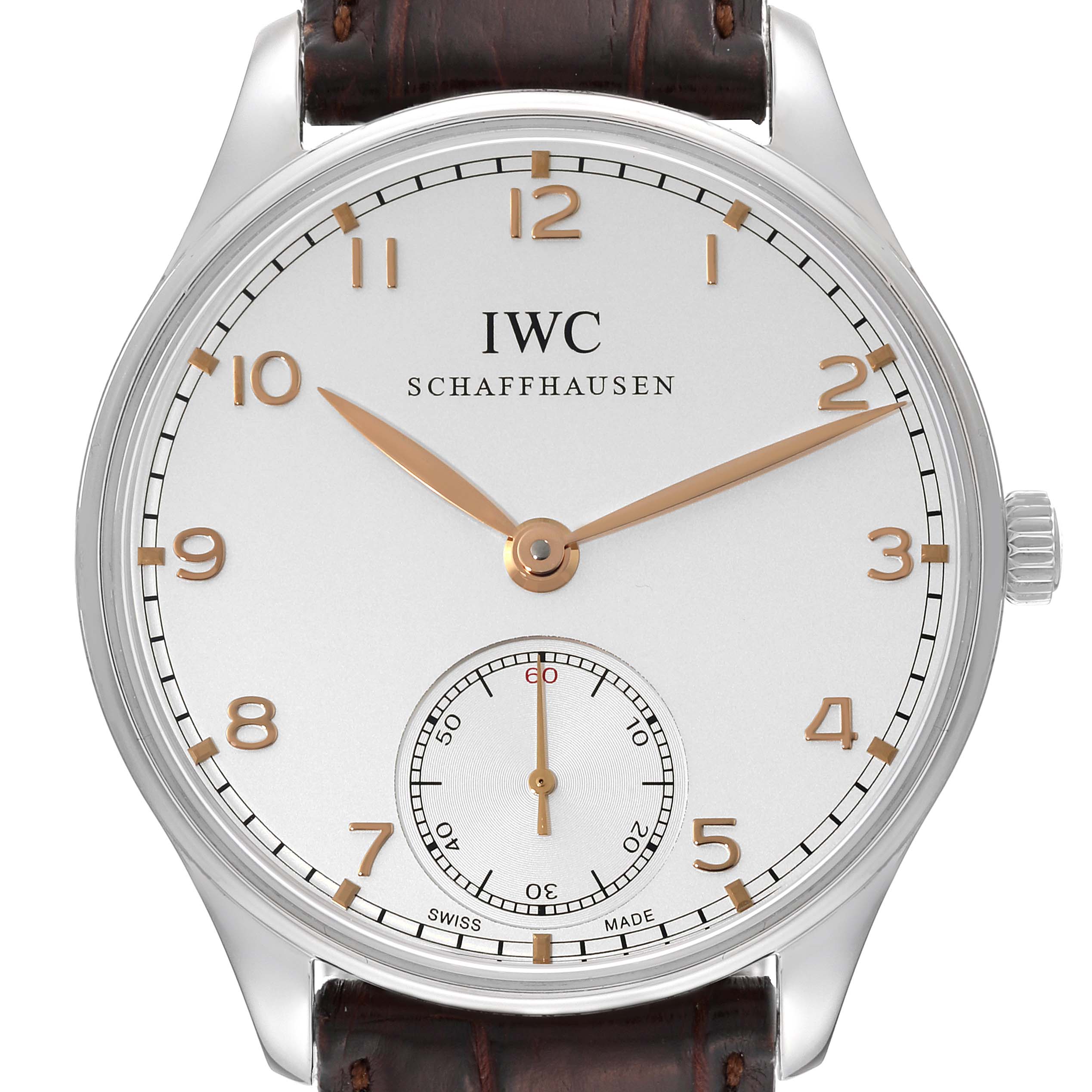 This is a frontal view of an IWC Portuguese IW545408 Men's Stainless Steel Silver Dial IW545408 Men's Stainless Steel Silver Dial watch, showing the dial, hands, numerals, crown, and part of the strap.