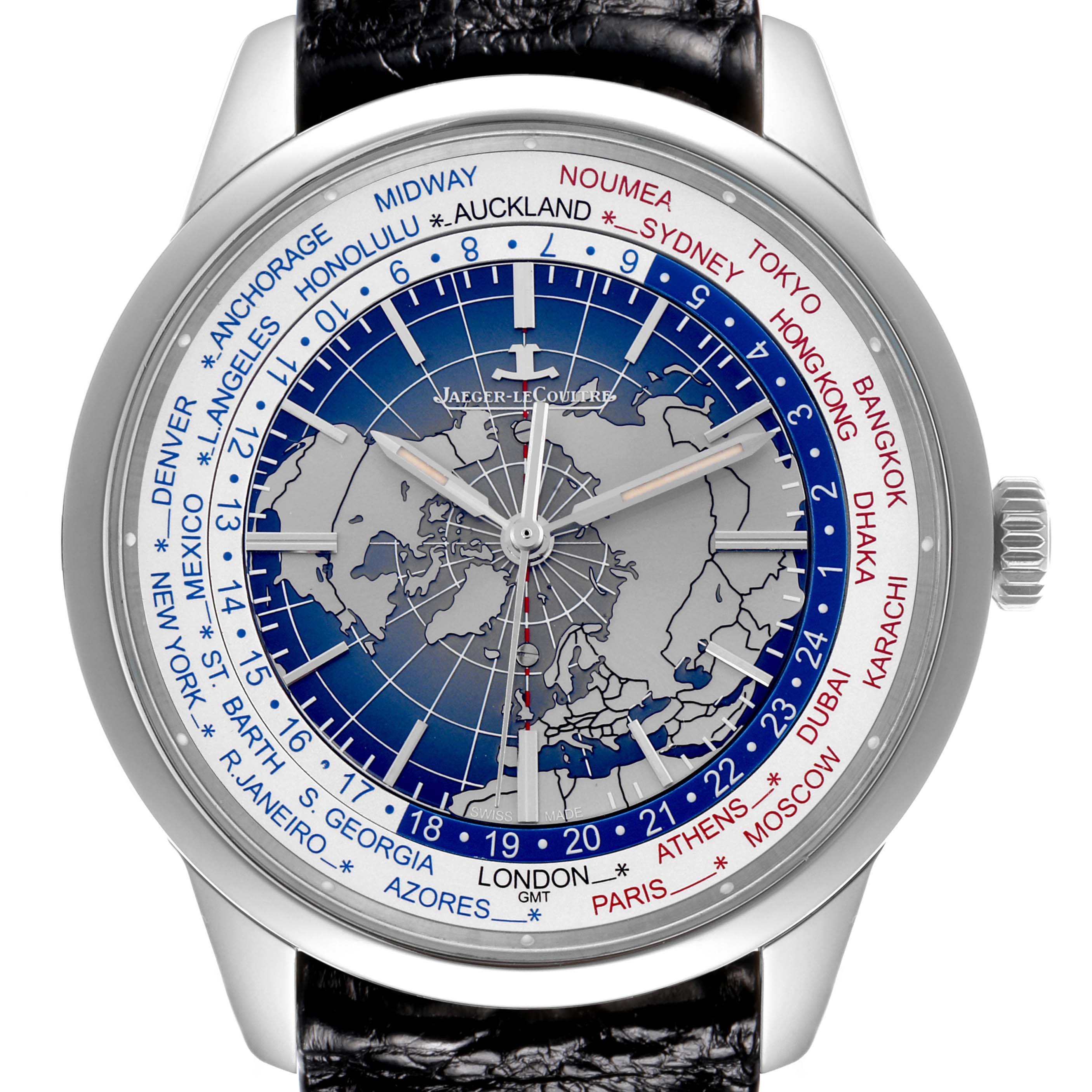 The Jaeger LeCoultre Geophysic Q8108420 Men's Stainless Steel Blue Dial Q8108420 Men's Stainless Steel Blue Dial watch is shown from a front angle, highlighting the dial with multiple time zones and cities.
