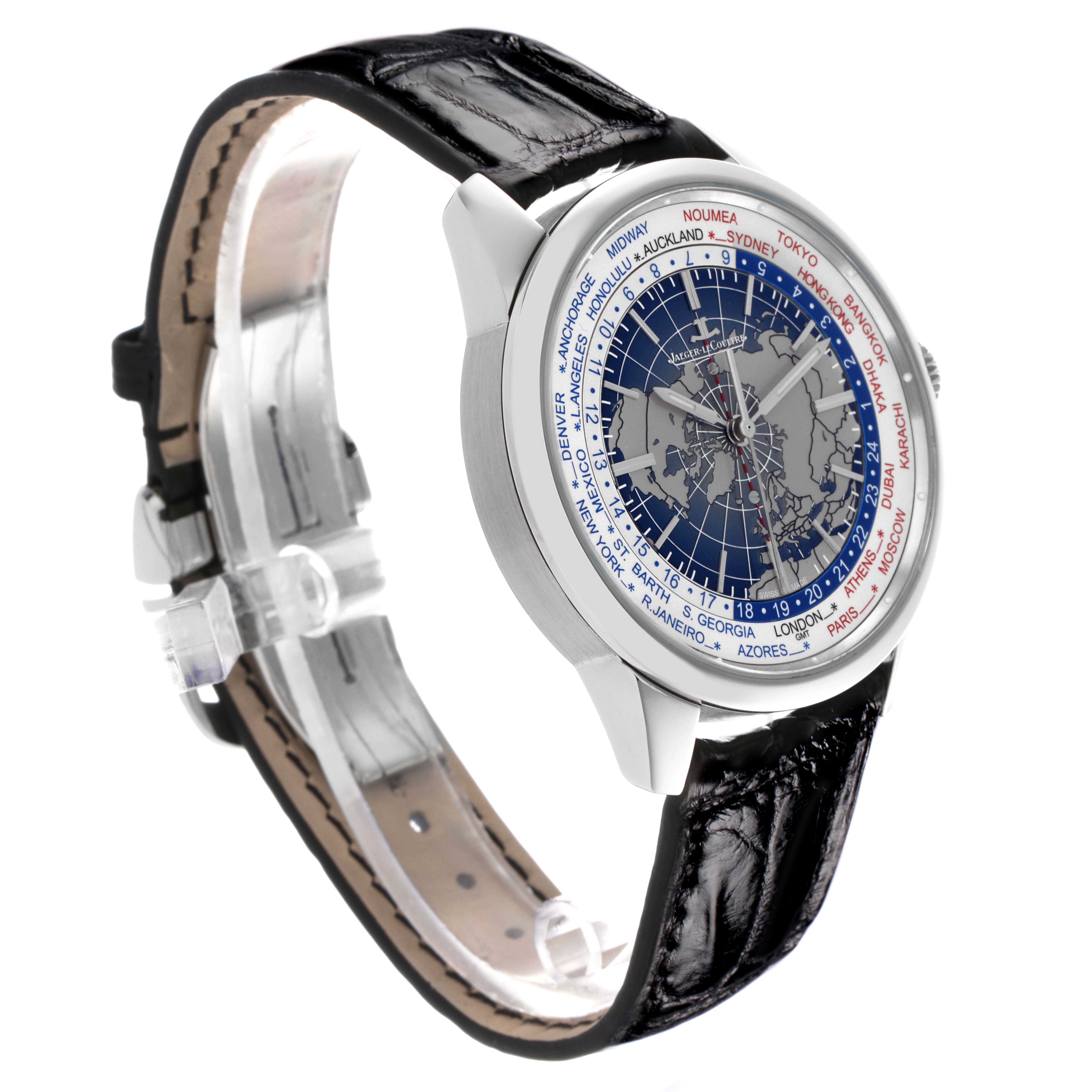 The Jaeger LeCoultre Geophysic Q8108420 Men's Stainless Steel Blue Dial Q8108420 Men's Stainless Steel Blue Dial watch is shown at a three-quarter angle, highlighting the dial, case, and leather strap.