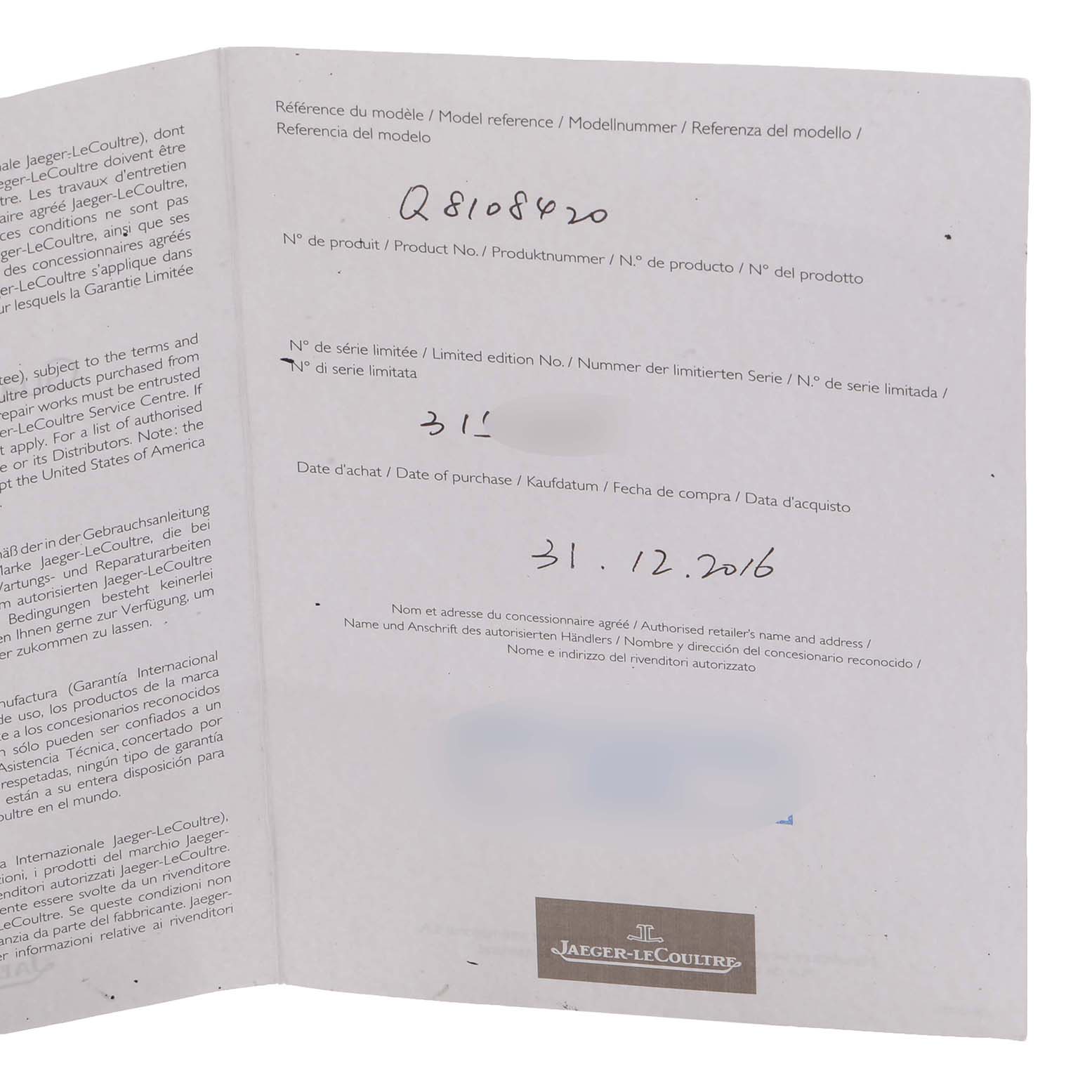 The image shows an open warranty card for the Jaeger-LeCoultre Geophysic model, displaying model reference and purchase information.