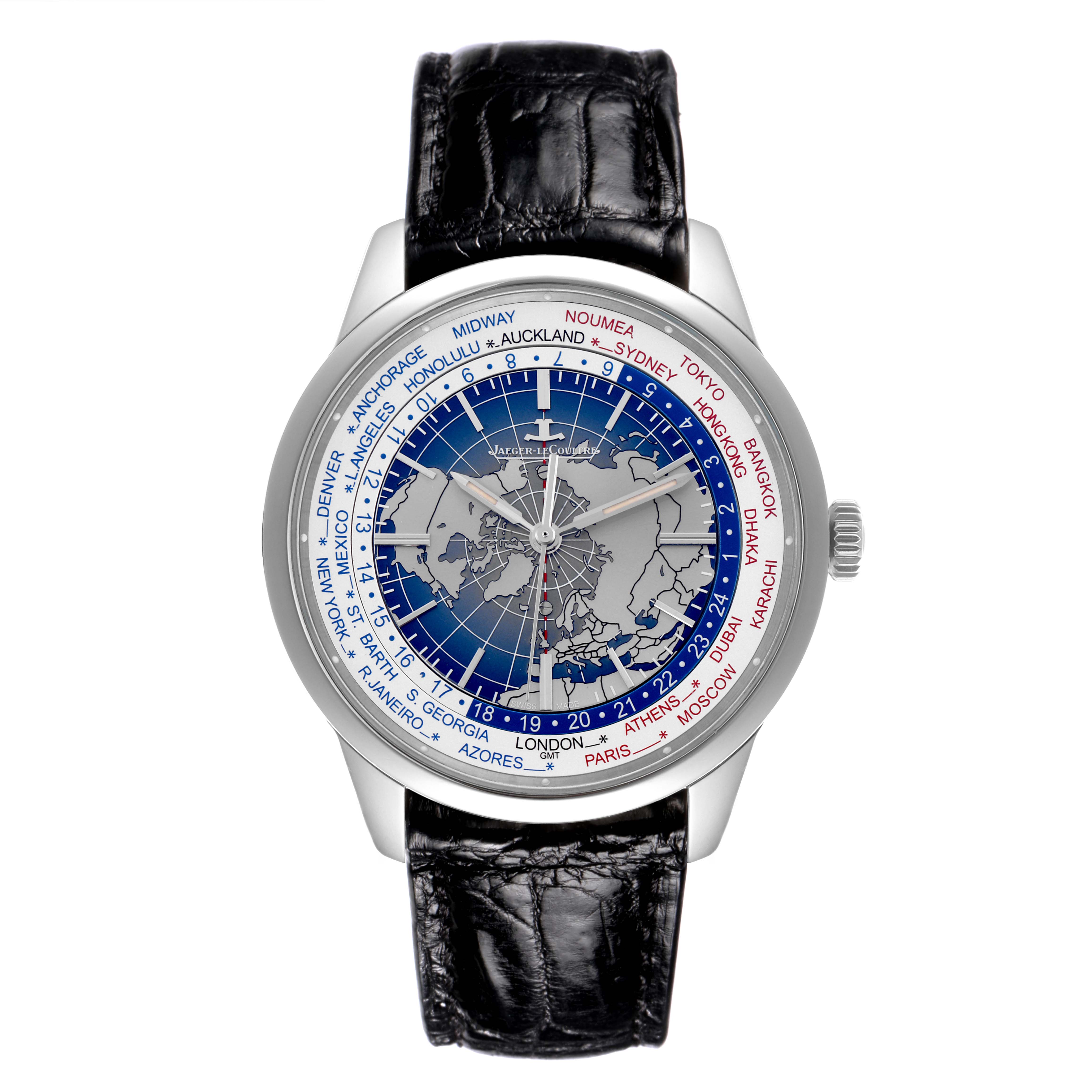 The Jaeger LeCoultre Geophysic Q8108420 Men's Stainless Steel Blue Dial Q8108420 Men's Stainless Steel Blue Dial watch is shown from the front, displaying its world map dial and black leather strap.