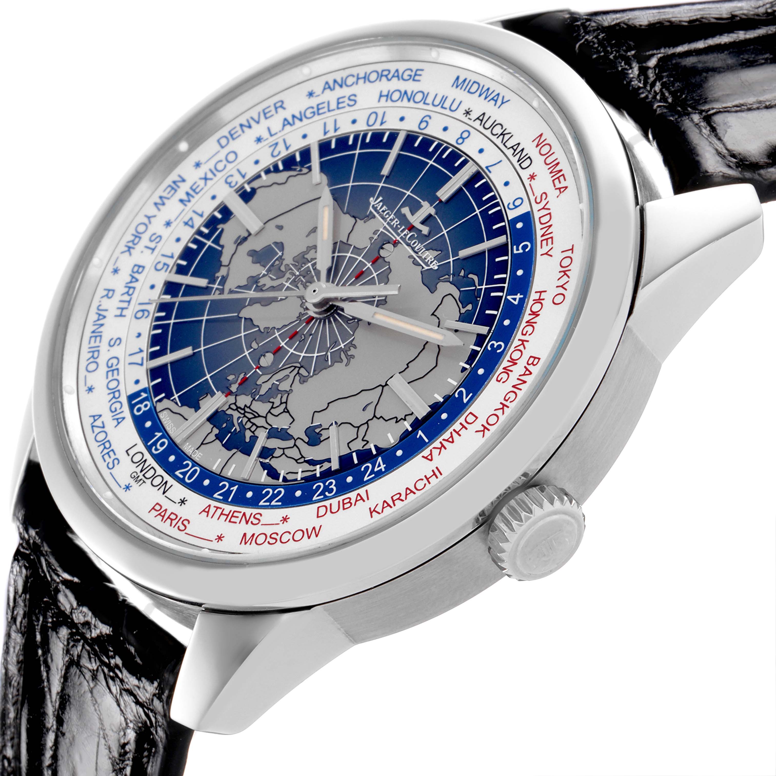 The Jaeger LeCoultre Geophysic Q8108420 Men's Stainless Steel Blue Dial Q8108420 Men's Stainless Steel Blue Dial watch is shown at a slight angle, highlighting its world time dial and side profile with crown.