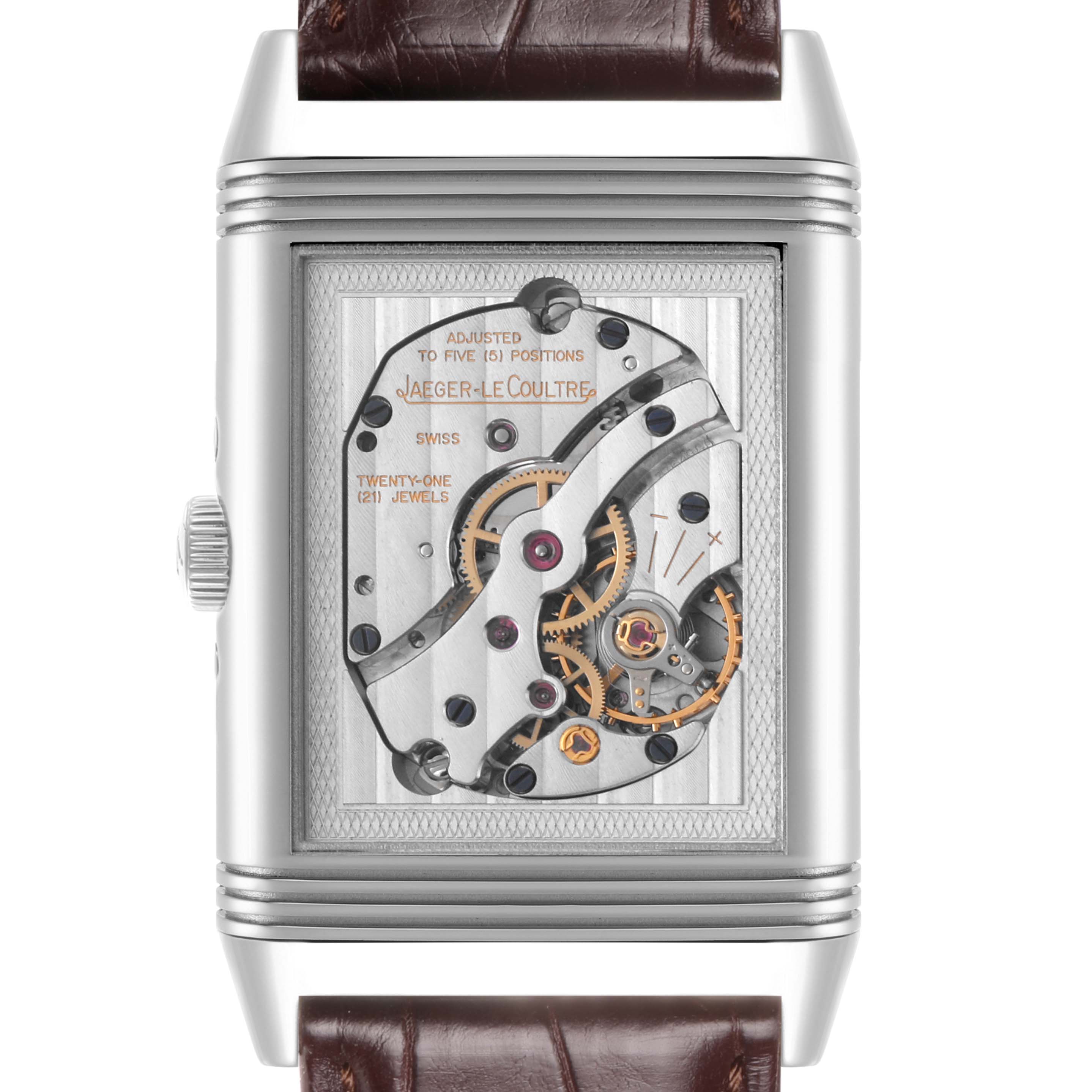The image shows the back view of a Jaeger LeCoultre Reverso Q3758420 Men's Stainless Steel Silver Dial Q3758420 Men's Stainless Steel Silver Dial, revealing its mechanical movement.