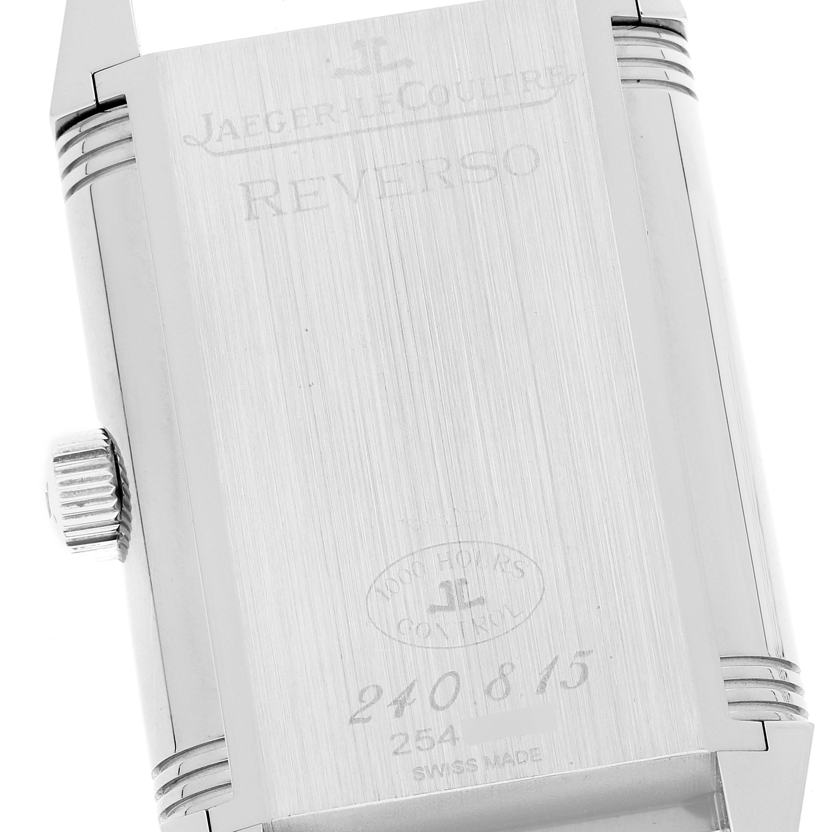 This image shows the back case of a Jaeger-LeCoultre Reverso watch, including the crown and part of the lugs.