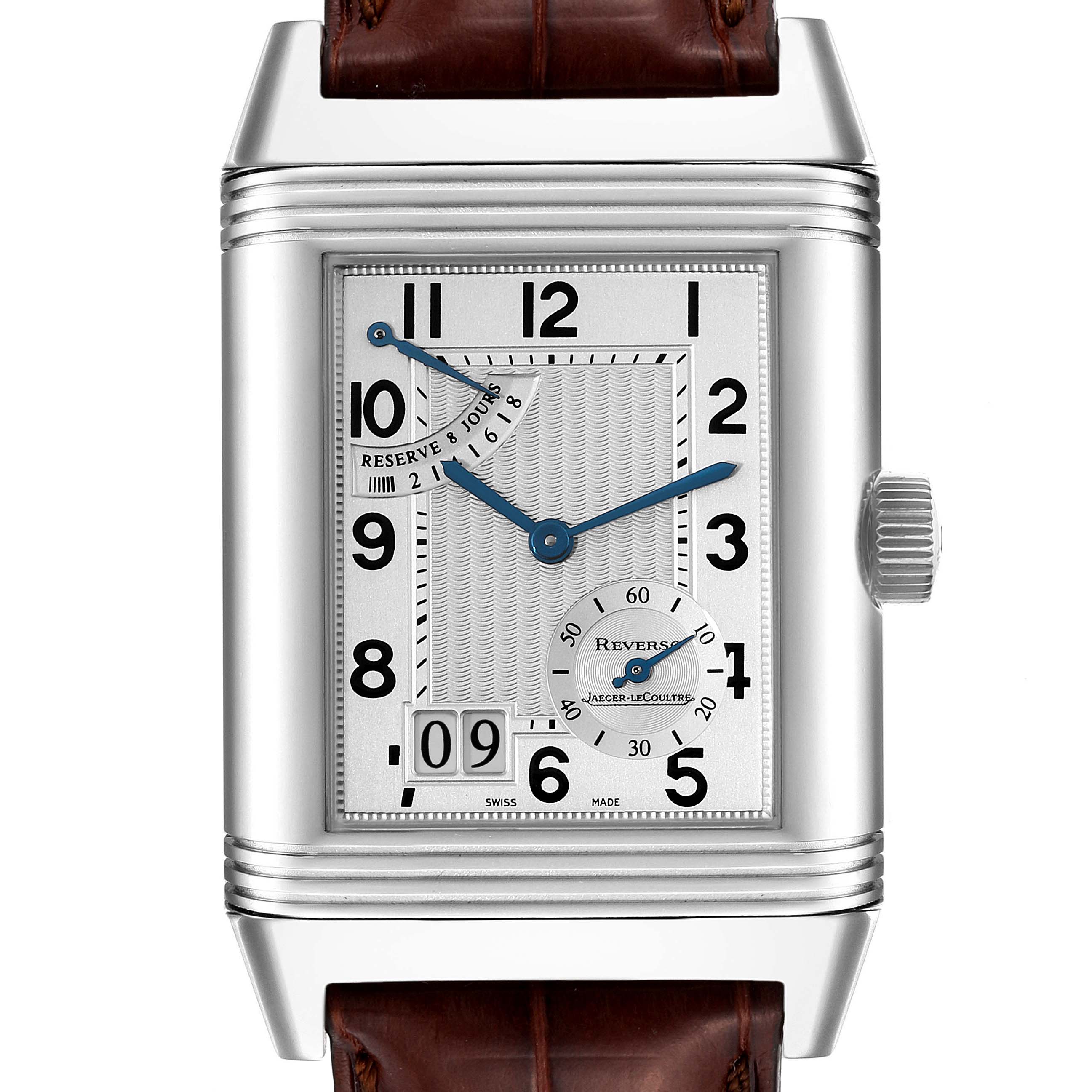 This is a front view of the Jaeger-LeCoultre Reverso watch, showing the face, hands, numerals, crown, and part of the leather strap.